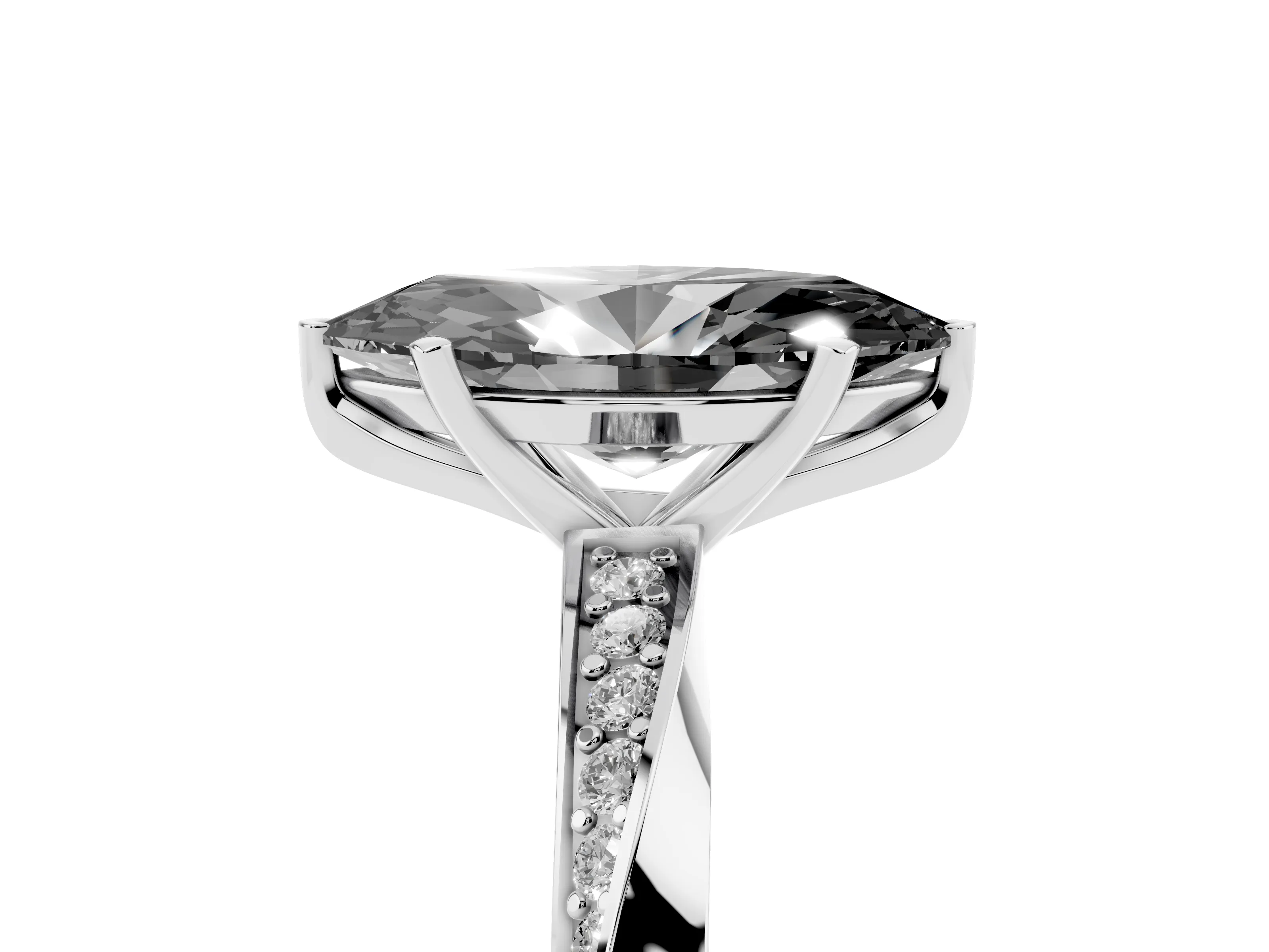 Fancy Black Marquise Cut Diamond Engagement Ring Set in Platinum with Side Stone Accents and Prong Setting