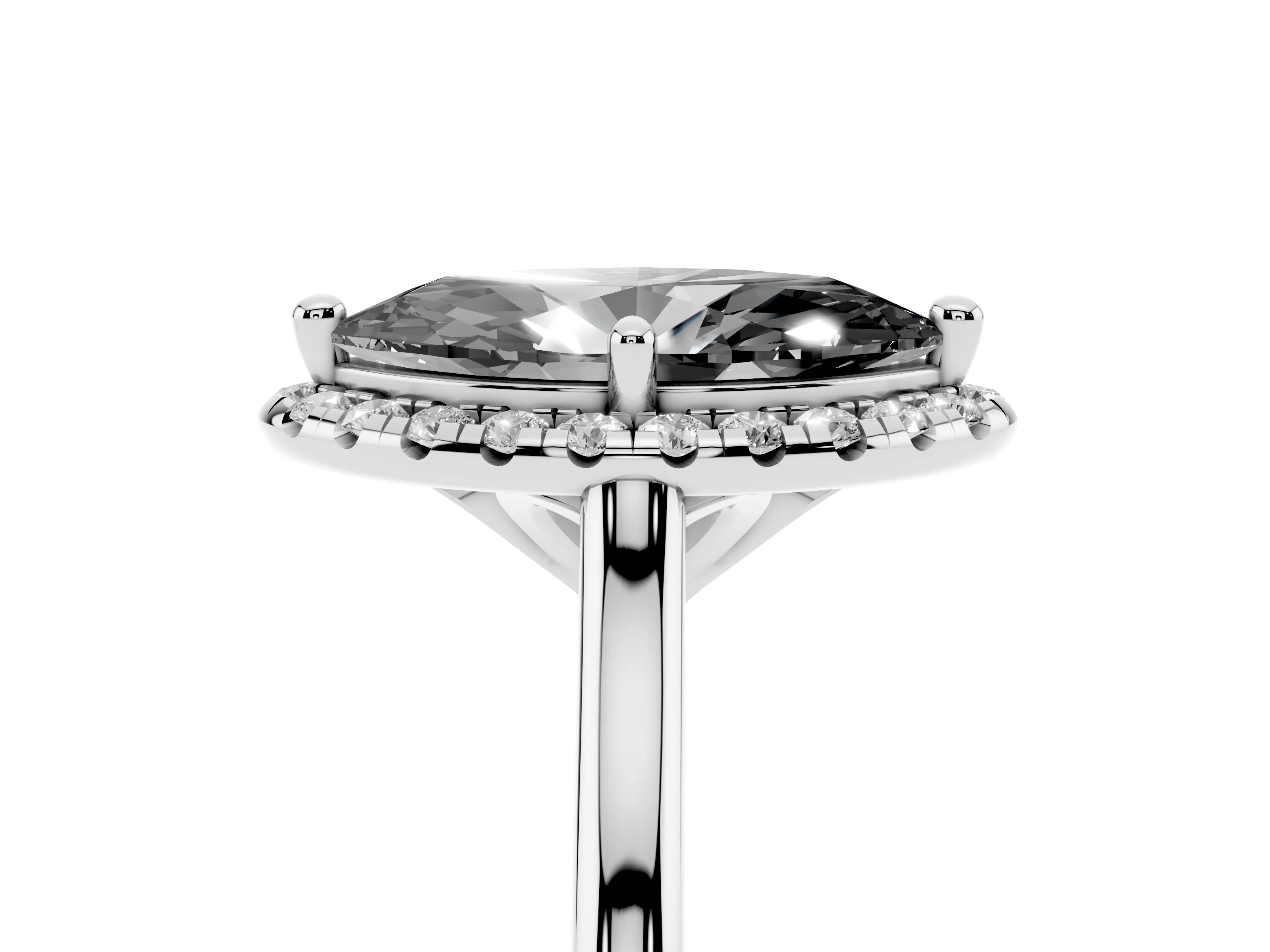 Fancy Black Marquise Cut Diamond Halo Engagement Ring Set in Silver with Pavé Band and Rising Shoulders