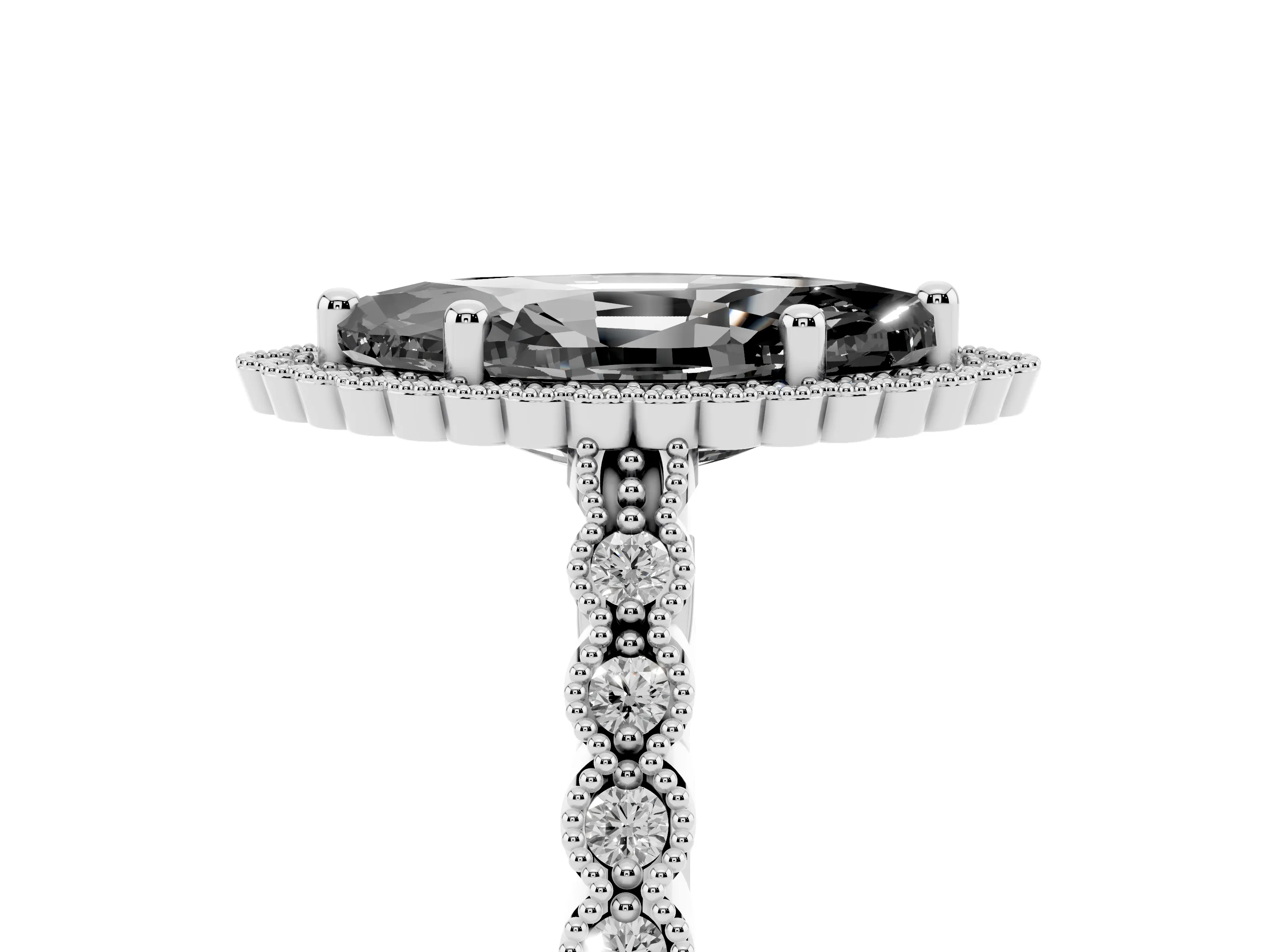 Fancy Black Marquise Cut Diamond Halo Ring Set in White gold with Pavé Milgrain Band