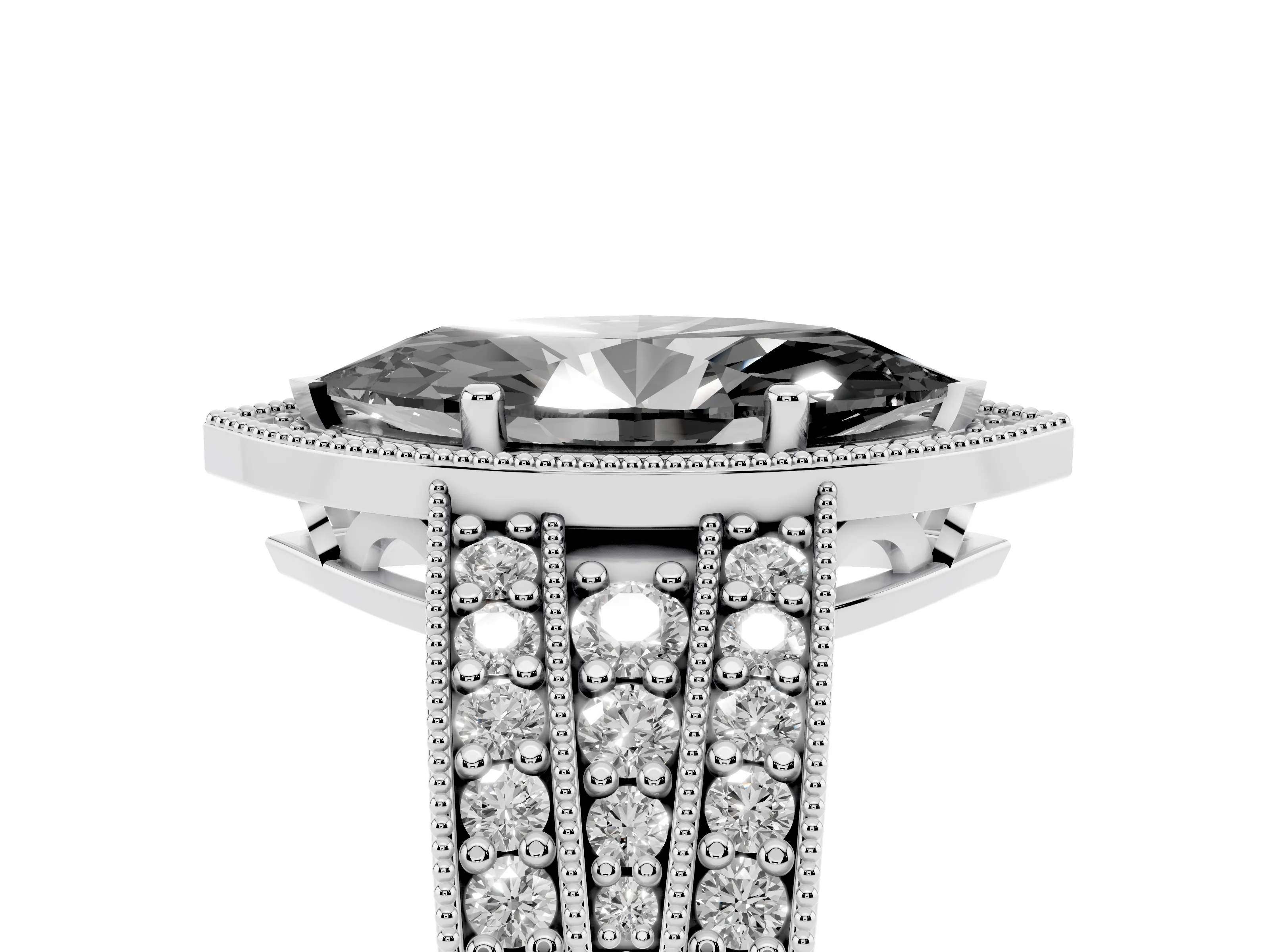 Fancy Black Marquise Cut Diamond Halo Ring Set in Platinum with Accent Split Shank and Prong Setting