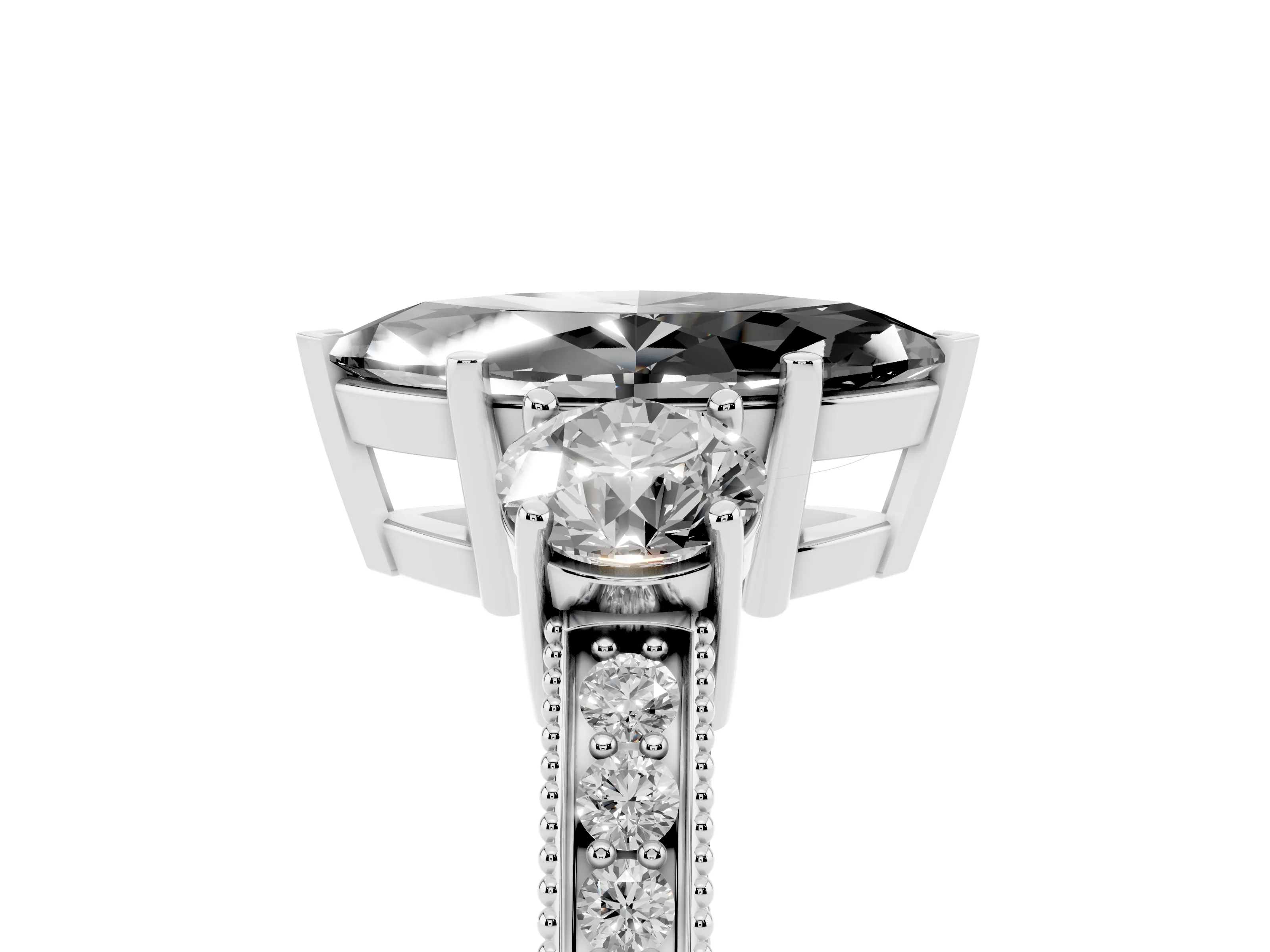 Fancy Black Marquise Cut Diamond Three-Stone Ring Set in Platinum with Round Side Stones and Pavé Band