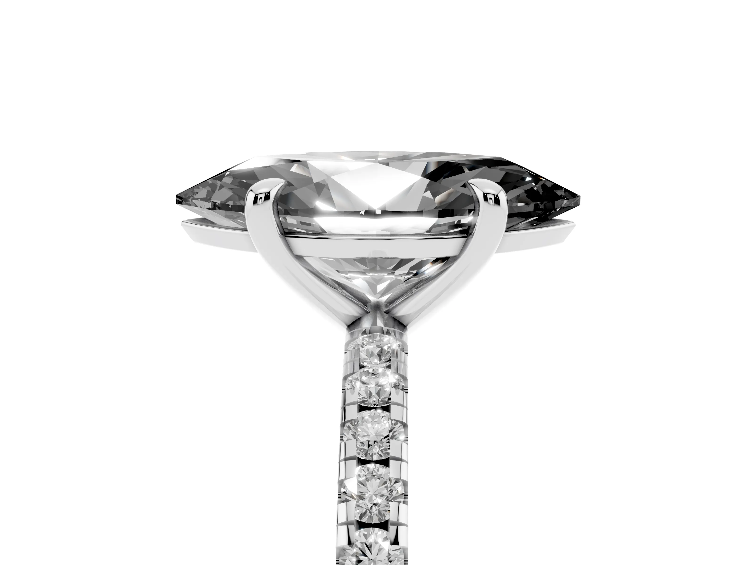 Fancy Black Marquise Cut Diamond Brilliant Solitaire Ring Set in White gold with Pavé Band and Prong Setting