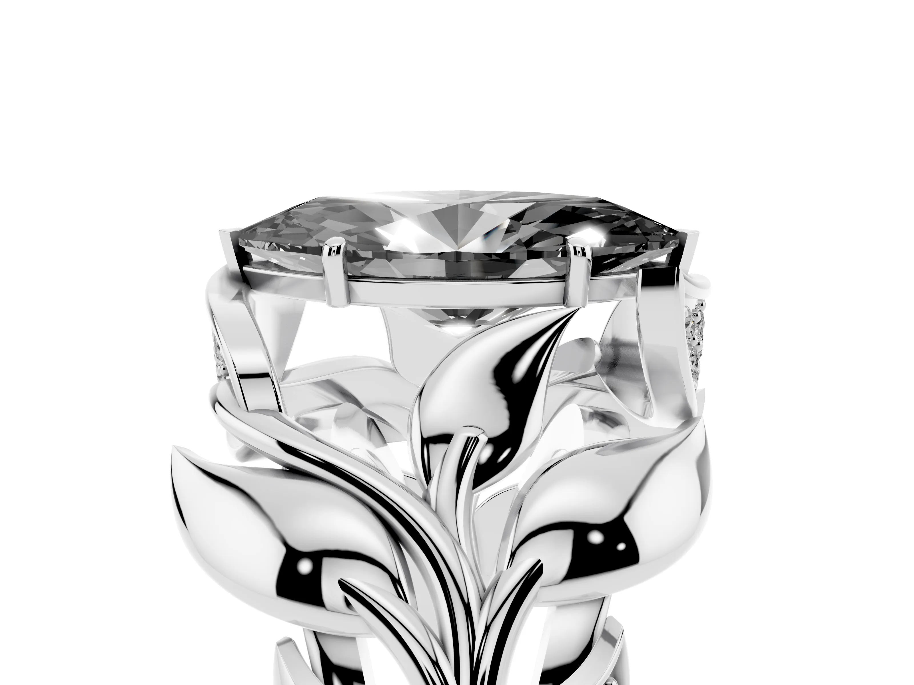 Fancy Black Marquise Cut Diamond Leaf-Inspired Engagement Ring Set in Silver with Round Accents