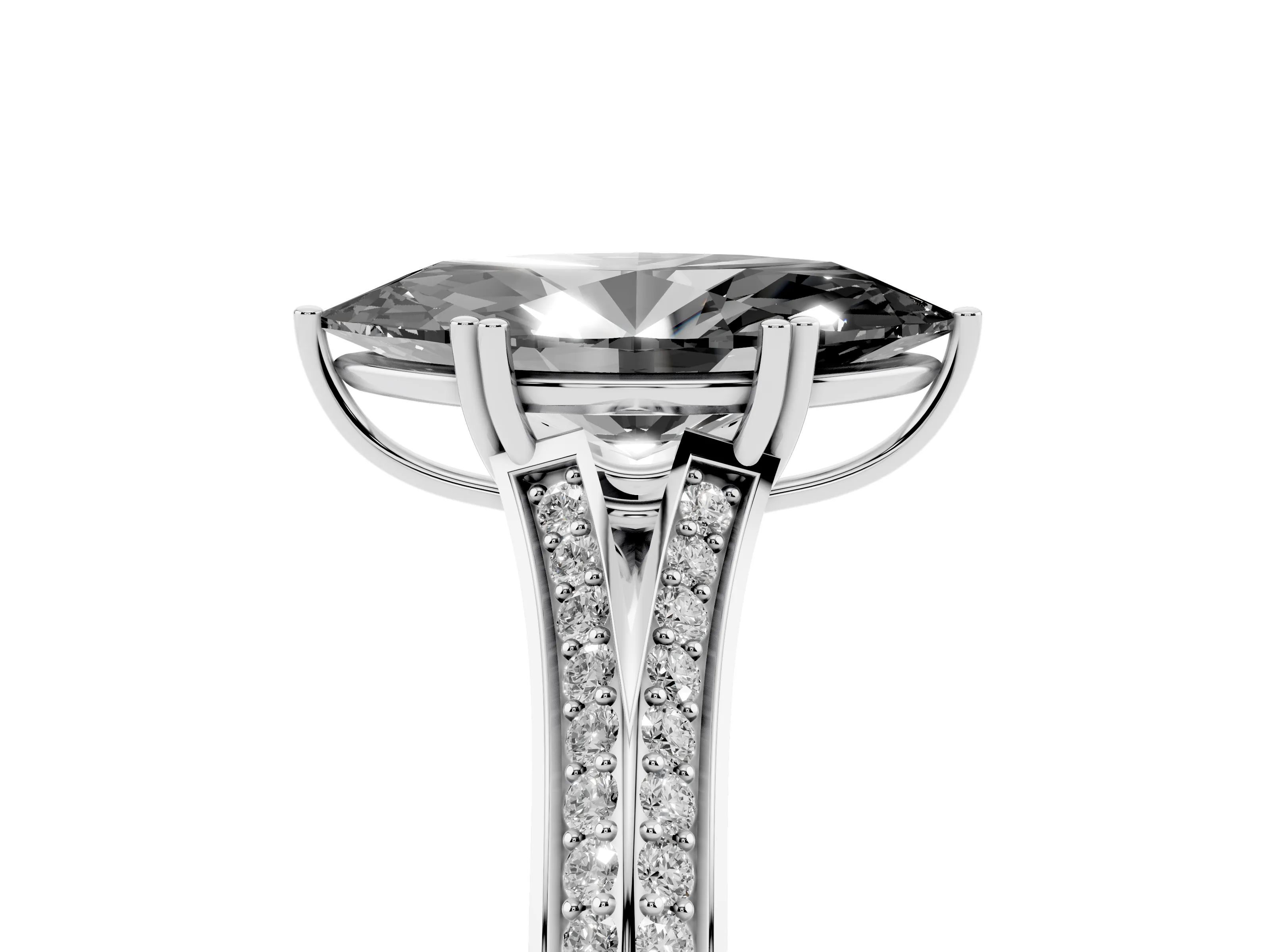 Fancy Black Marquise Cut Diamond Split Shank Pavé Engagement Ring Set in White gold with Prong-Set Center Stone