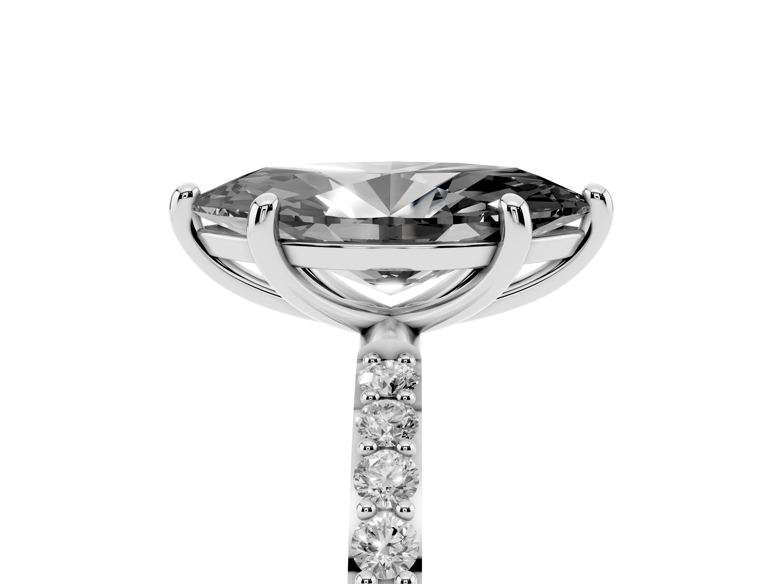 Fancy Black Marquise Cut Diamond Solitaire Ring Set in Silver with Round Pavé Band and Prong Setting