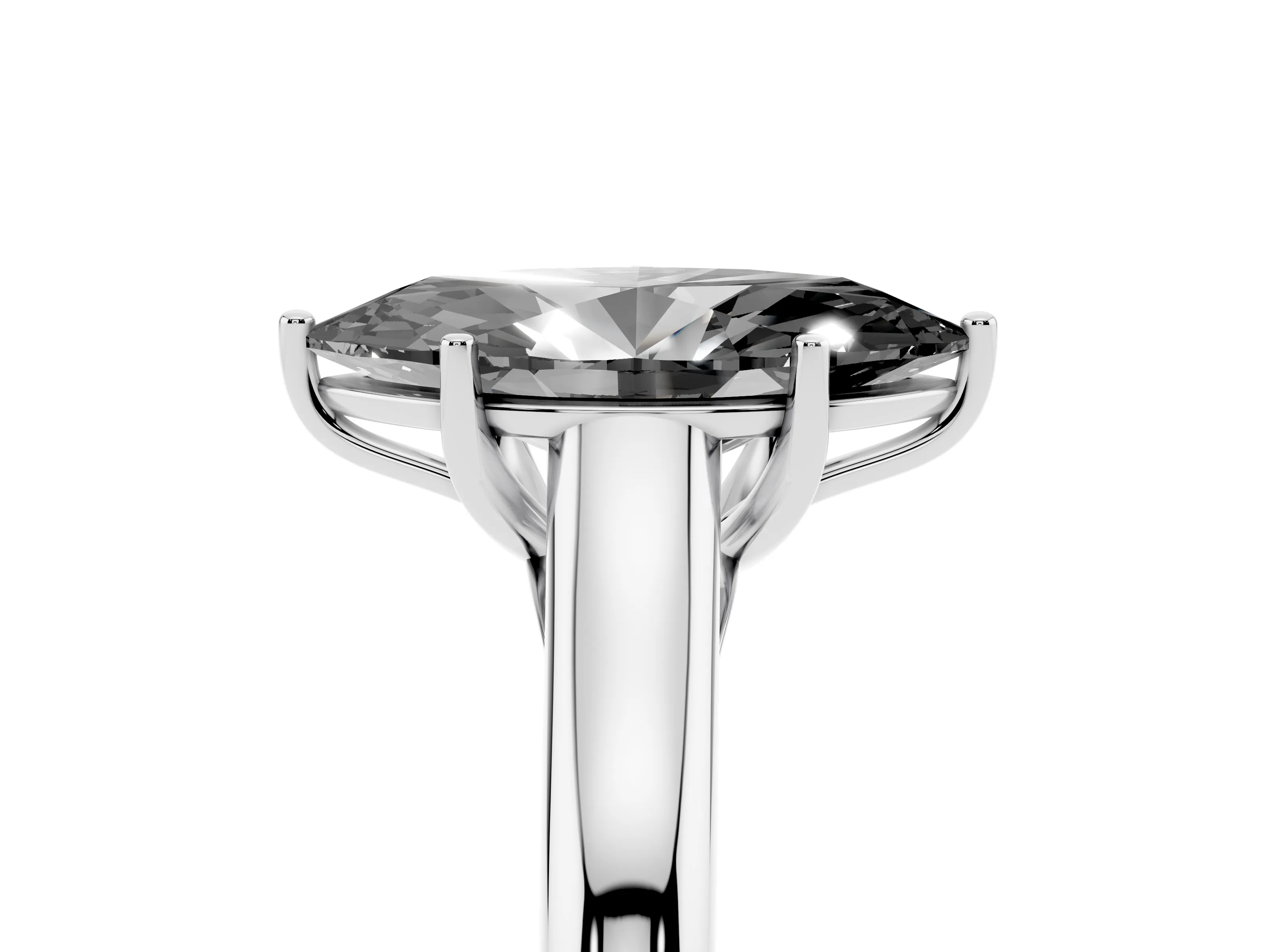 Fancy Black Marquise Cut Diamond Solitaire Engagement Ring Set in White gold with Subtly Tapered Band and Prong Setting