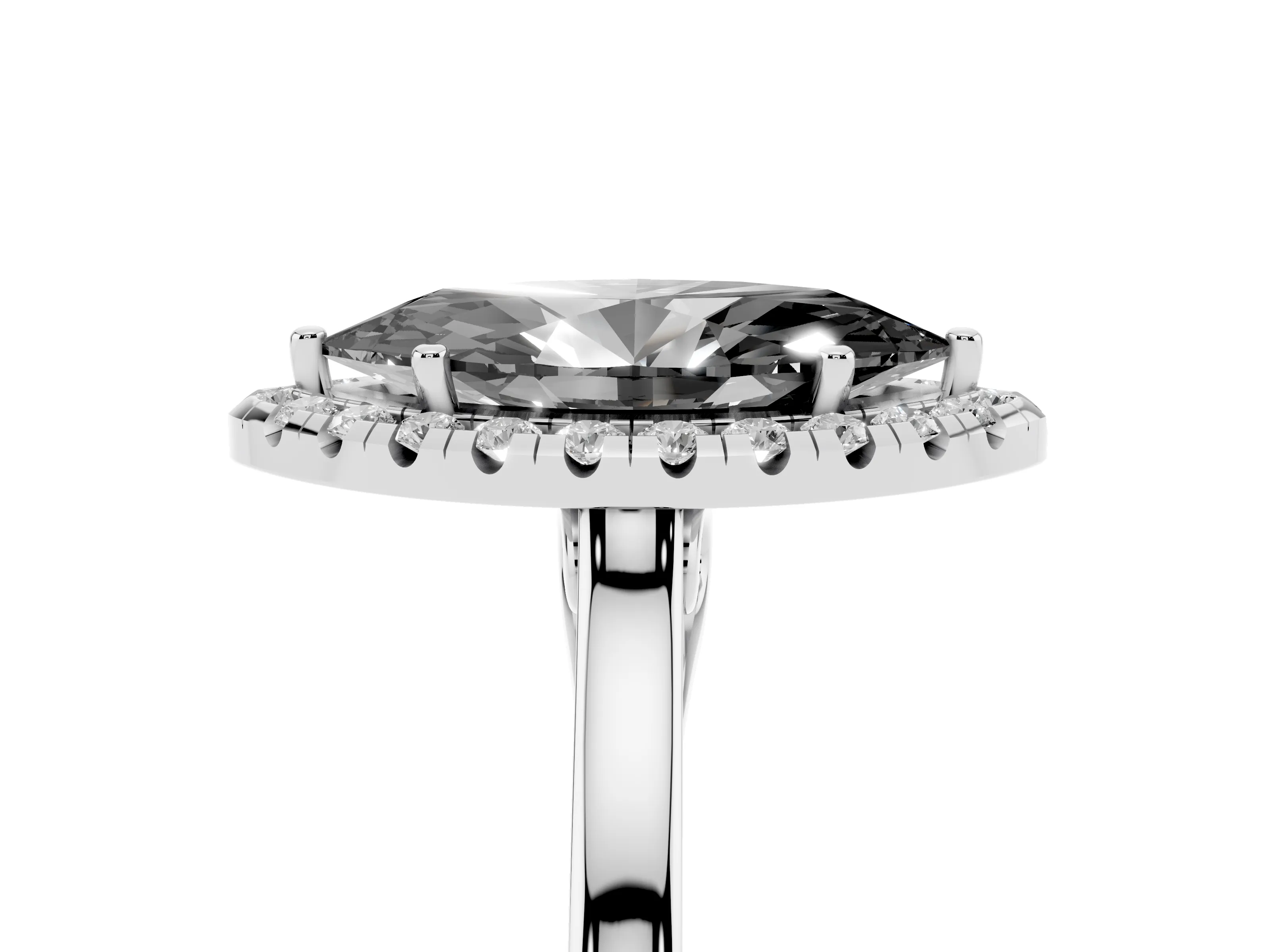 Fancy Black Marquise Cut Halo Round Diamond Solitaire Ring Set in Platinum with Pavé Band and Prong Setting