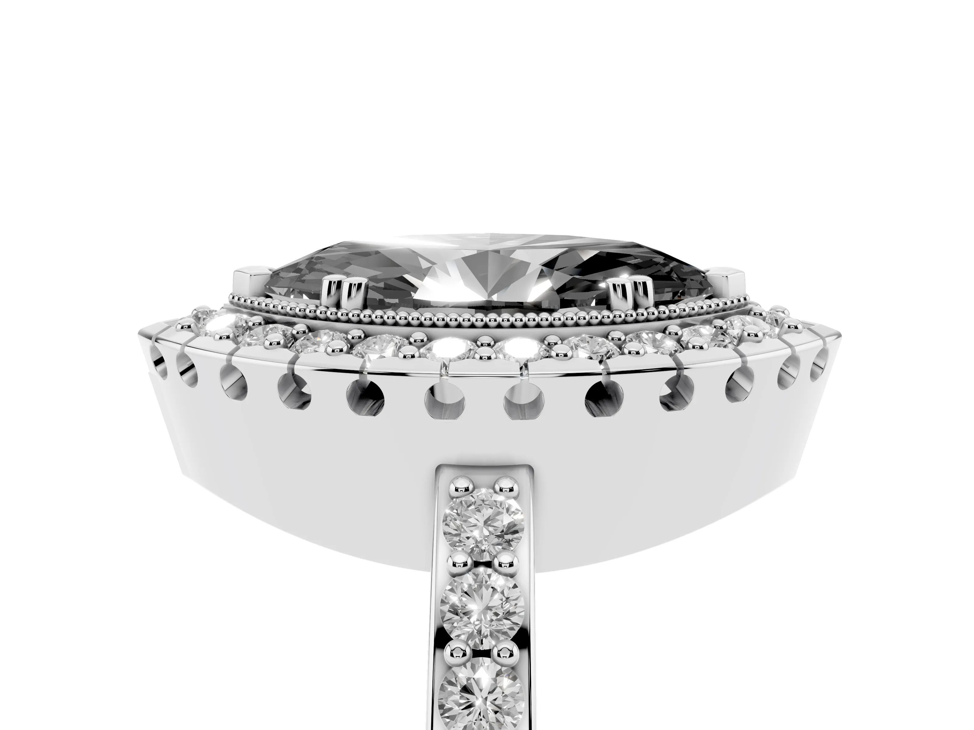 Fancy Black Marquise Cut Diamond Halo Ring Set in White gold with Pavé Shank and Prong Setting