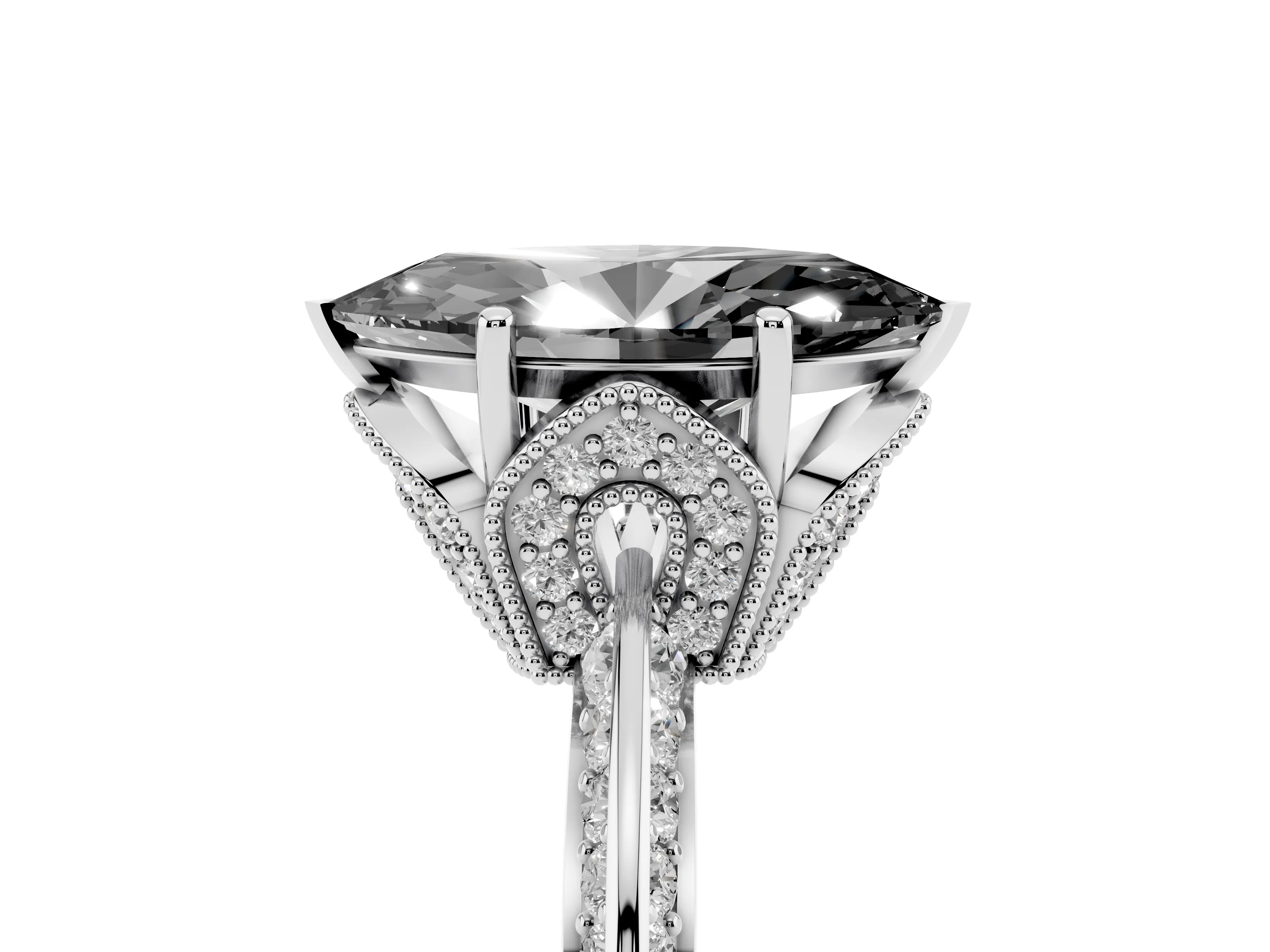 Fancy Black Marquise Cut Diamond Solitaire Engagement Ring Set in White gold with Pavé Split Shank and Prong Setting