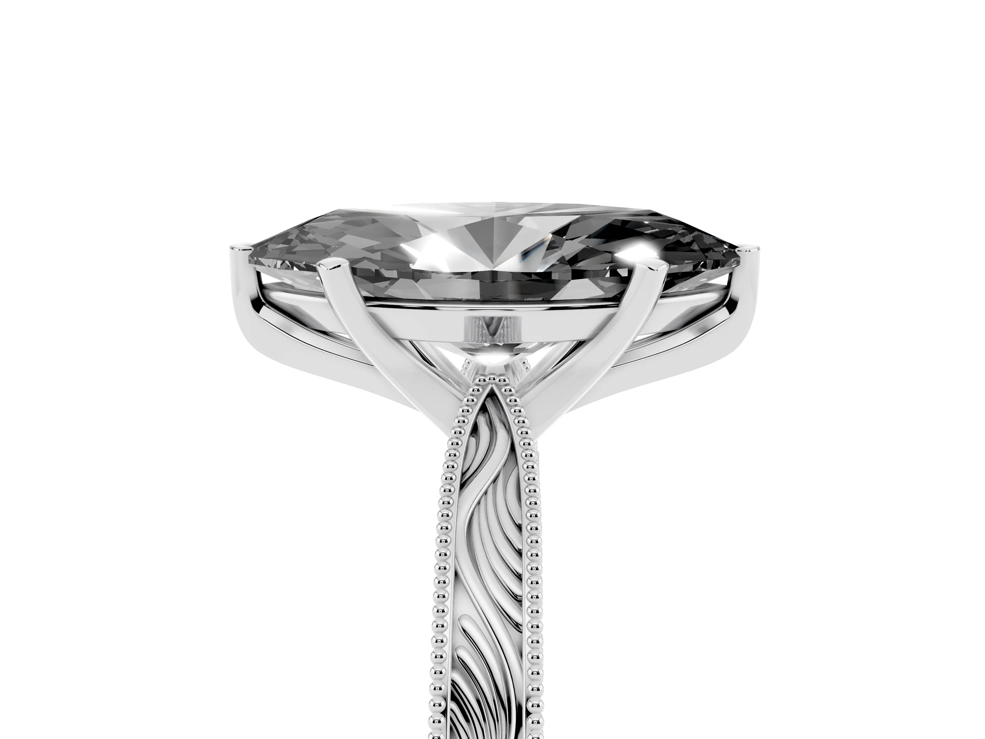 Fancy Black Marquise Cut Diamond Solitaire Milgrain Engraved Band Set in White gold with Prong Setting