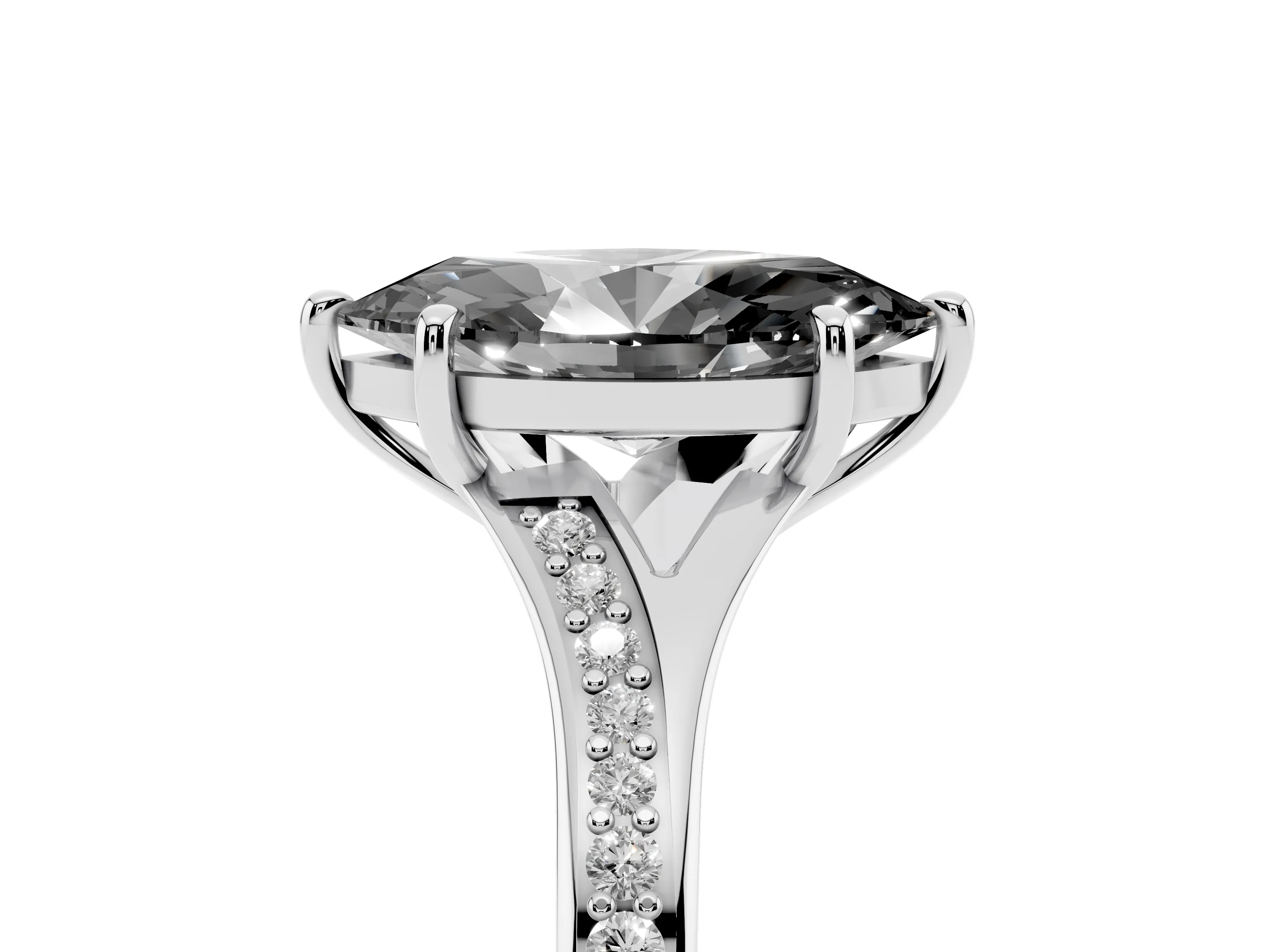 Fancy Black Marquise Cut Diamond Solitaire Ring Set in White gold with Pavé Accent Band and Classic Prong Setting