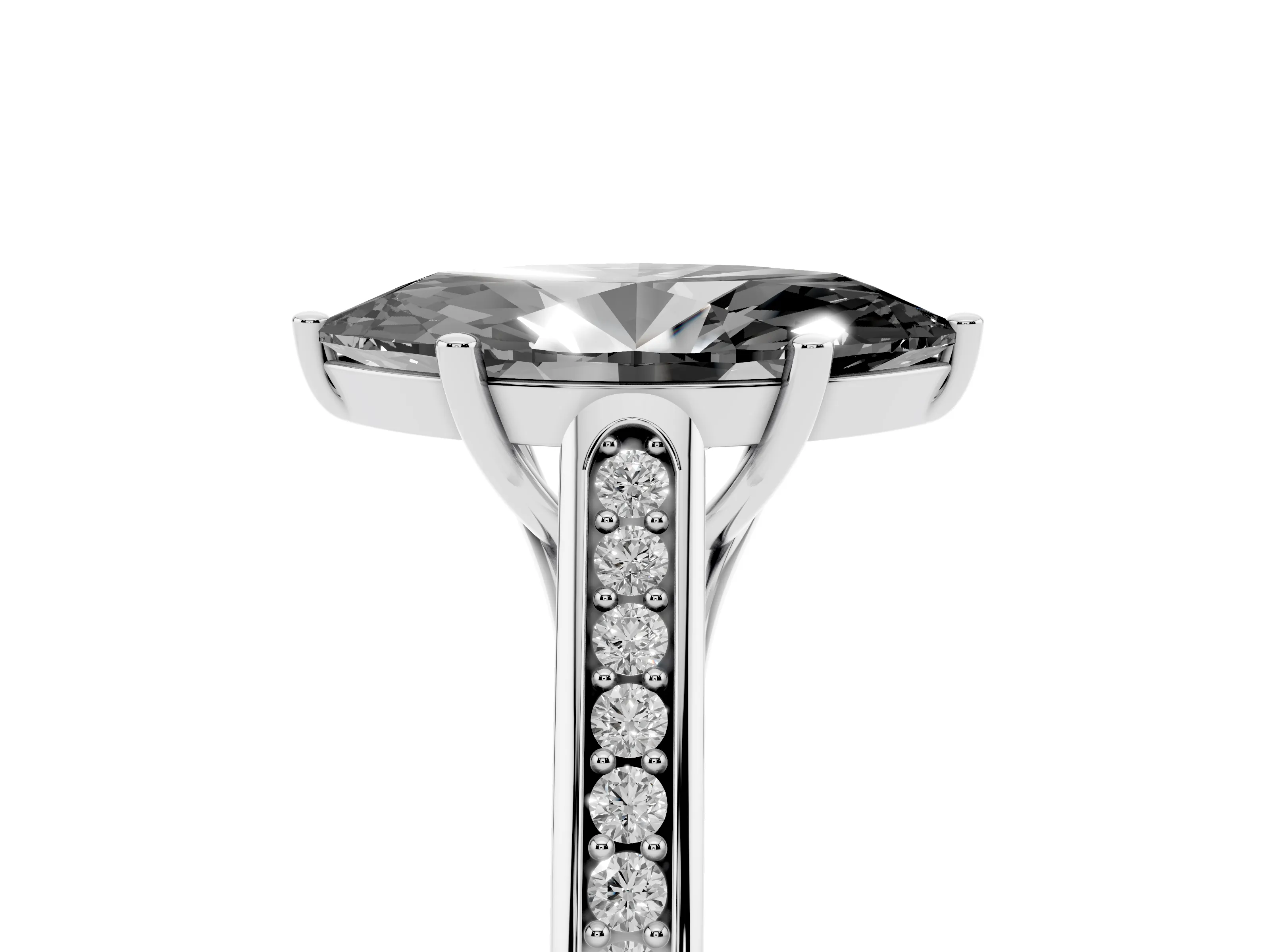 Fancy Black Marquise Cut Diamond Solitaire Cathedral Engagement Ring Set in White gold with Channel-Set Band and Prong Setting