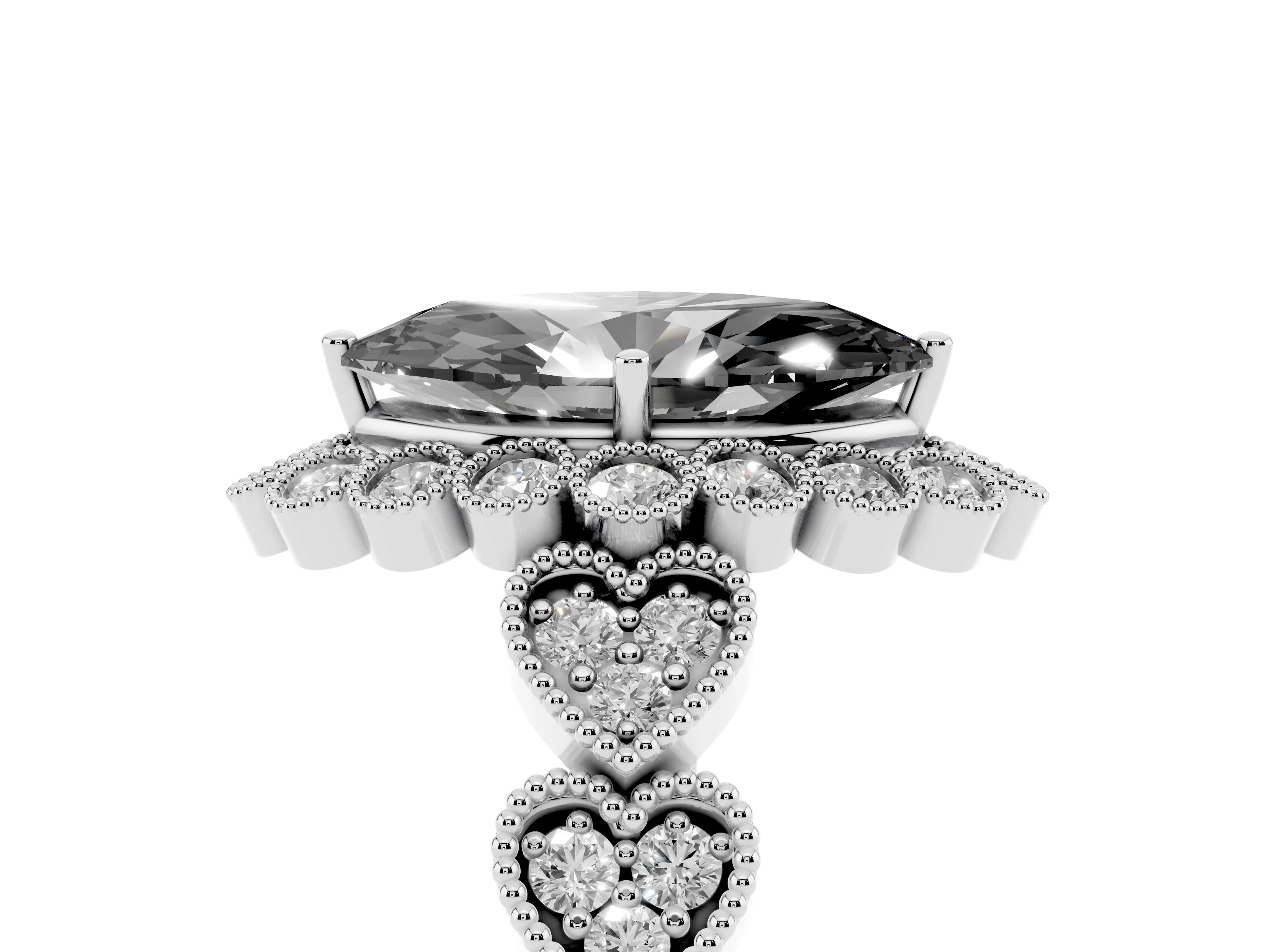 Fancy Black Marquise Cut Diamond Solitaire Ring Set in Platinum with Milgrain Pavé Heart Band