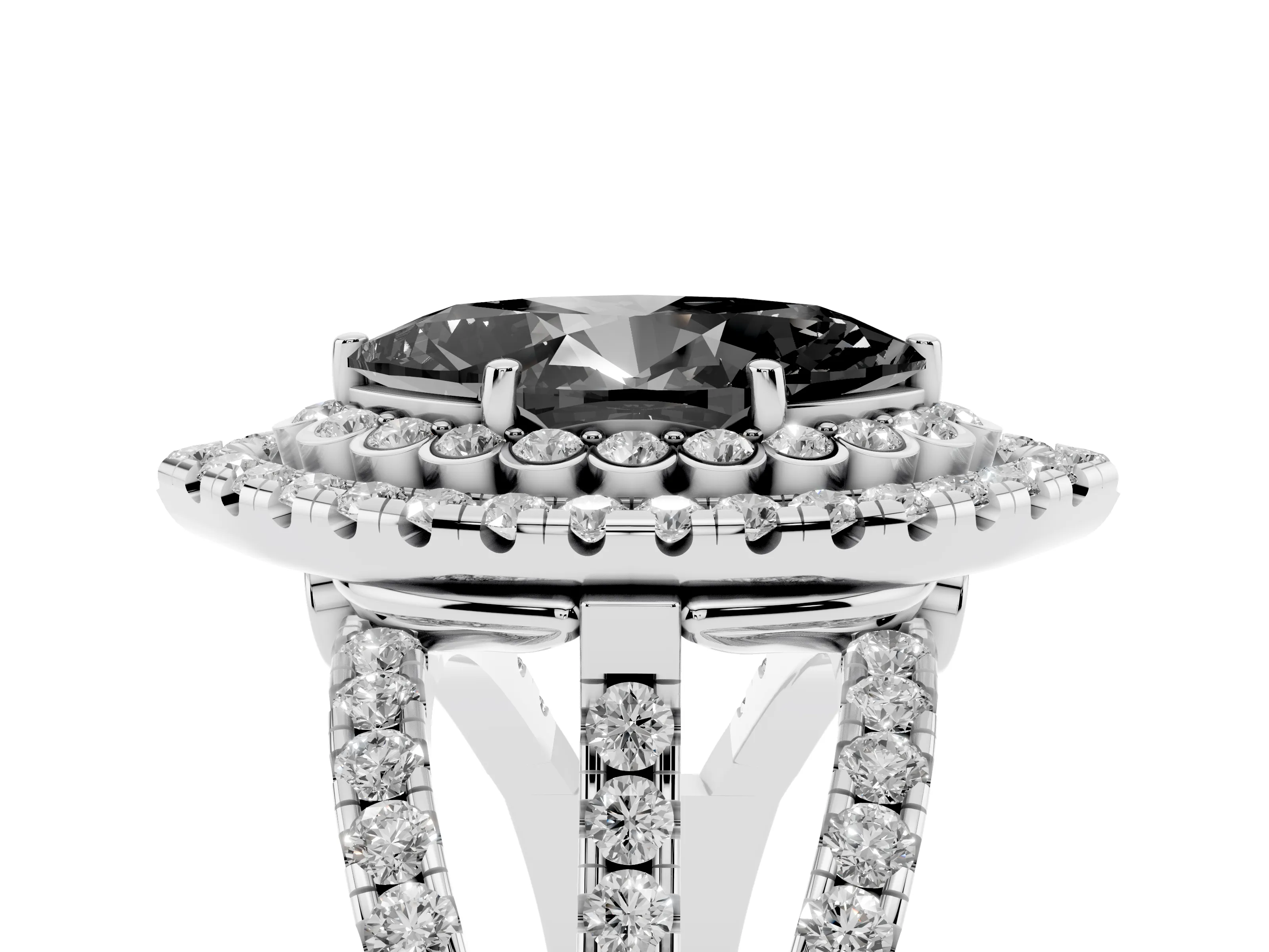 Fancy Black Marquise Cut Diamond Double Halo Ring Set in White gold with Round Pavé Split Shank