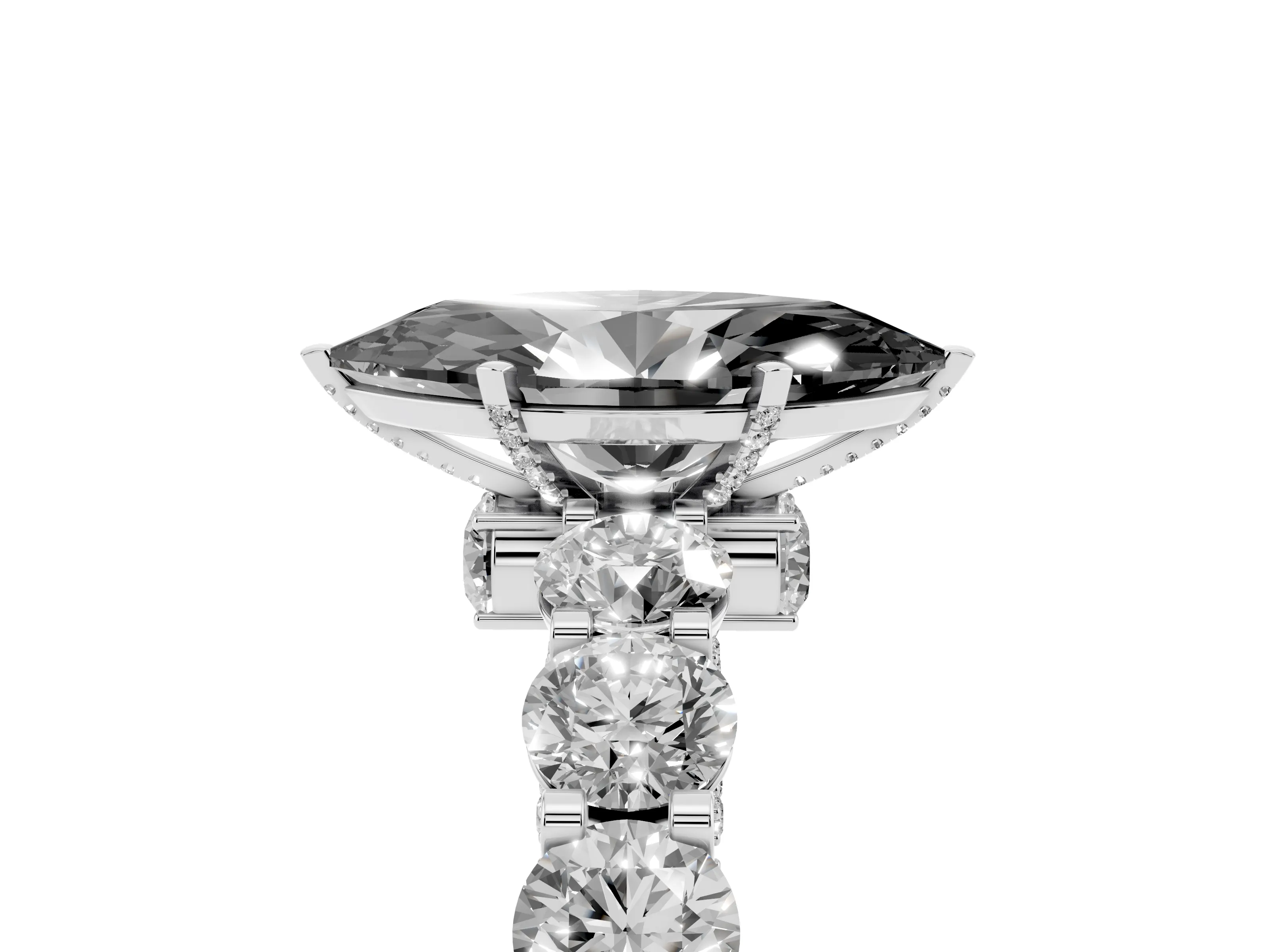 Fancy Black Marquise Cut Diamond Side Stone Ring Set in Silver with Alternating Round and Oval Side Stones