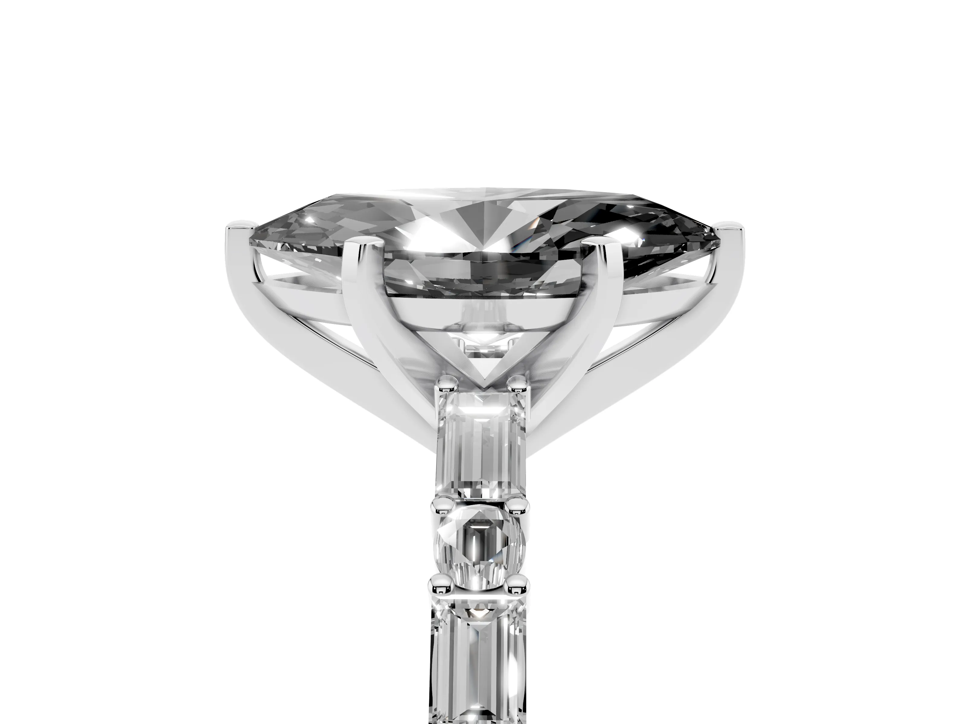 Fancy Black Marquise Cut Diamond Solitaire Set in Platinum with Side Baguettes and Channel Set Band