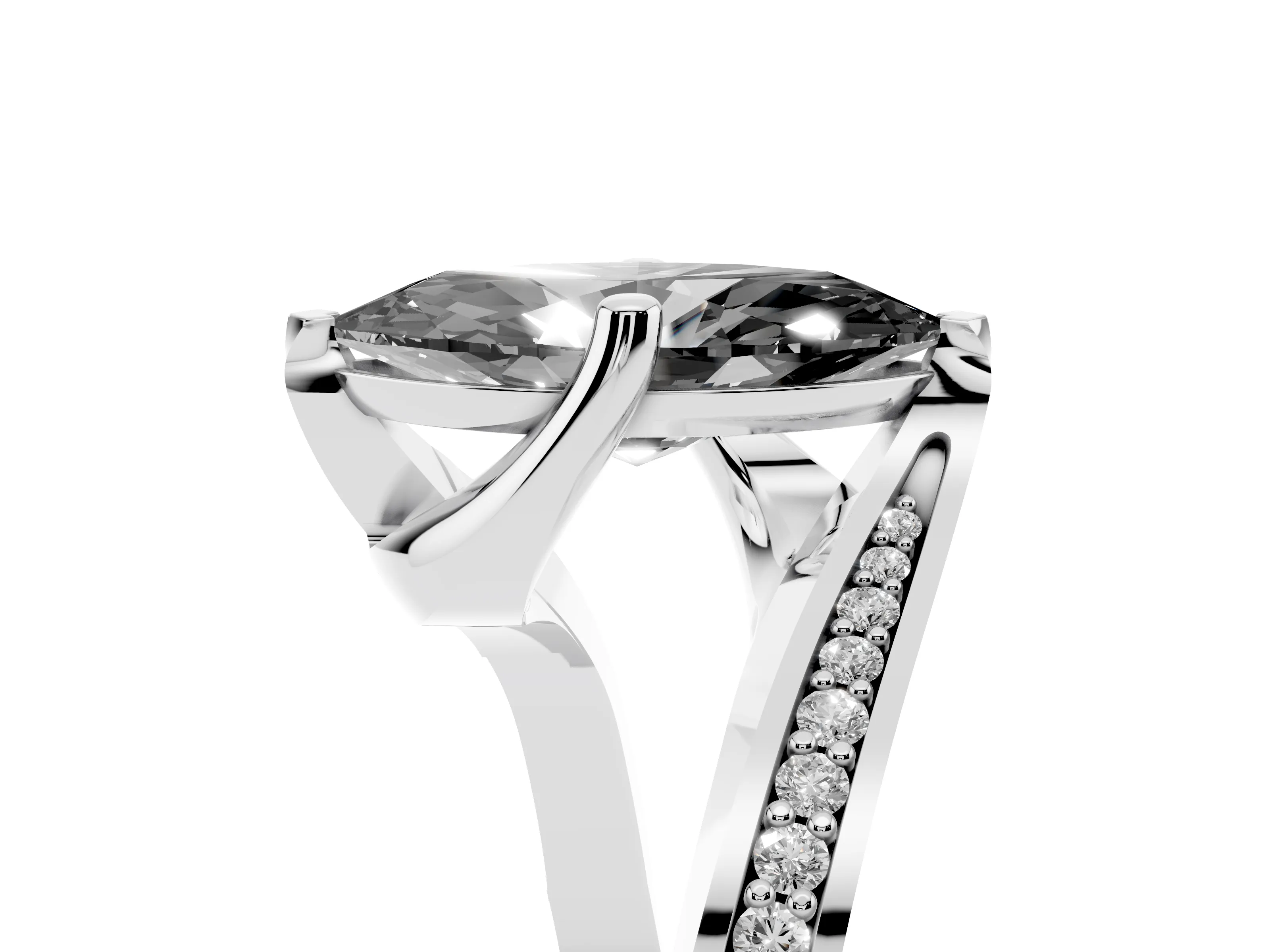 Fancy Black Marquise Cut Diamond Solitaire Ring Set in Platinum with Intertwined Pavé Twist Band