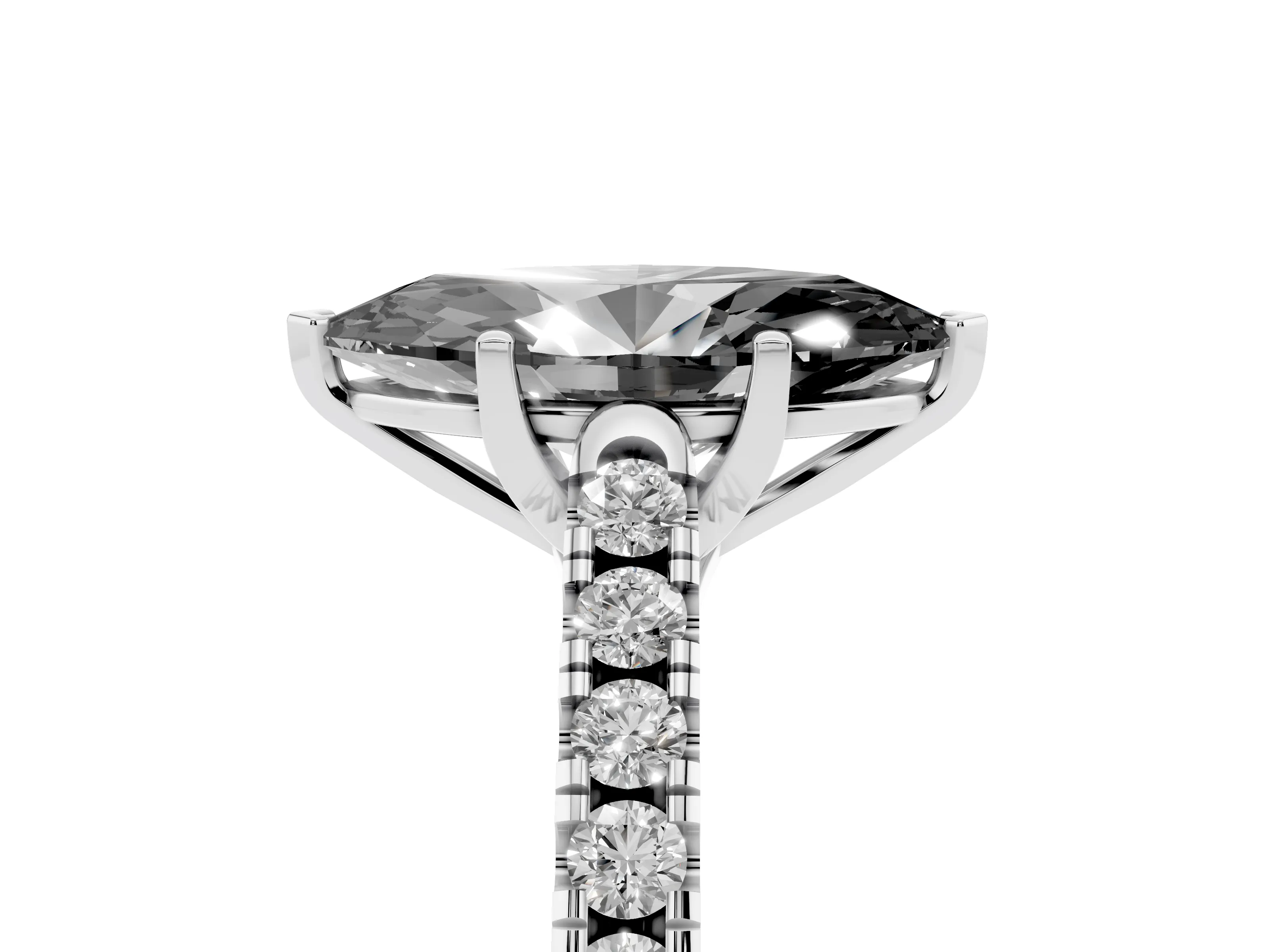 Fancy Black Marquise Cut Diamond Pavé Band Solitaire Ring Set in Platinum with Partway Accent Stones and Prong Setting