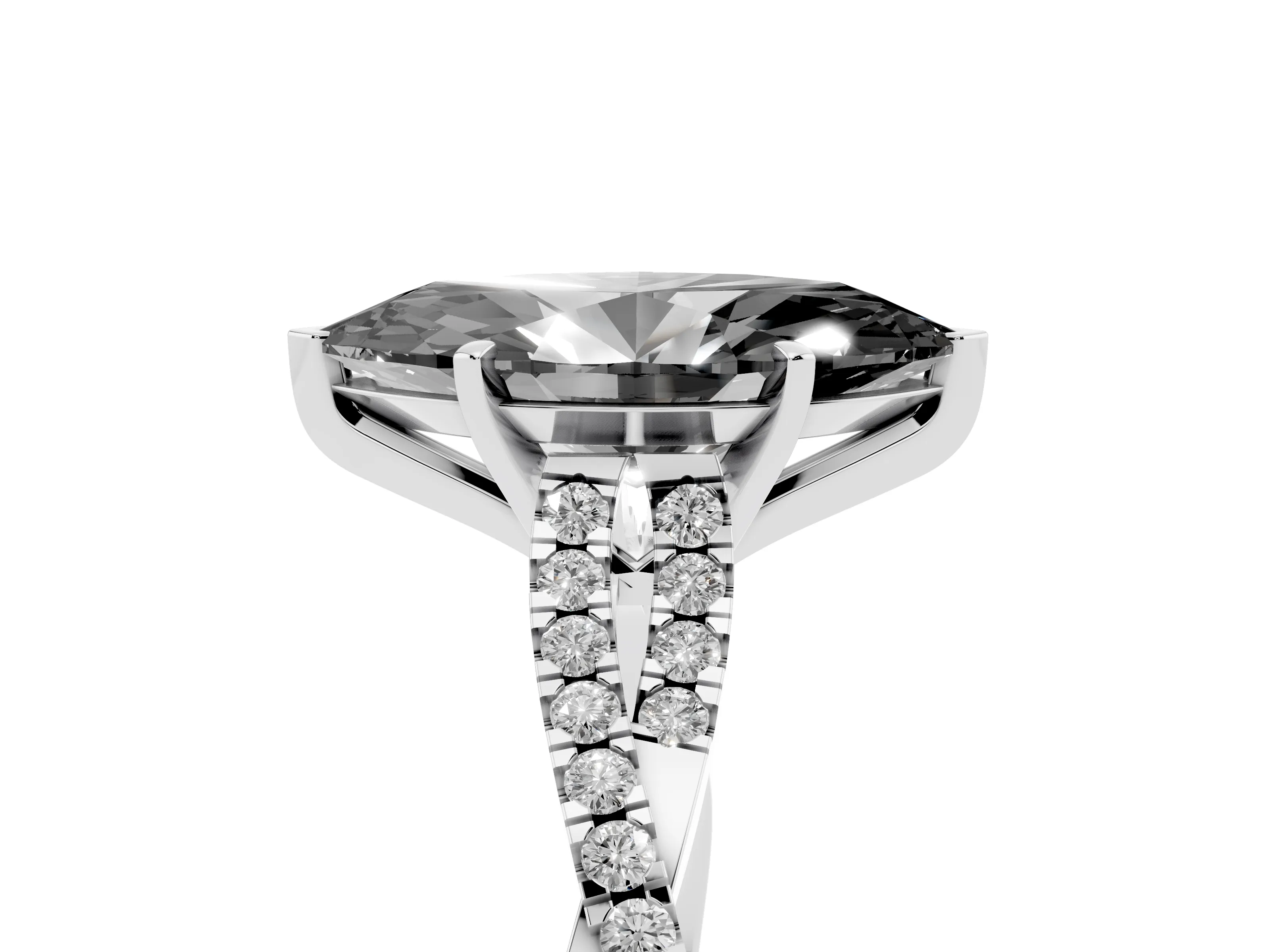 Fancy Black Marquise Cut Diamond Solitaire Engagement Ring Set in Silver with Twisted Pavé Band and Prong Setting
