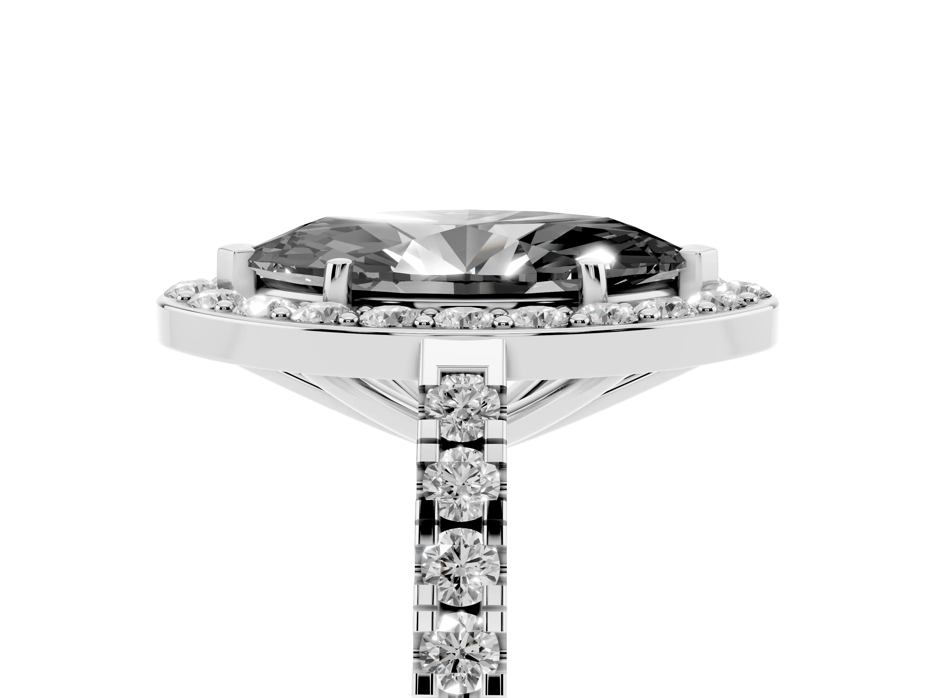 Fancy Black Marquise Cut Diamond Halo Ring Set in White gold with Round Pavé Split Shank and Prong Setting