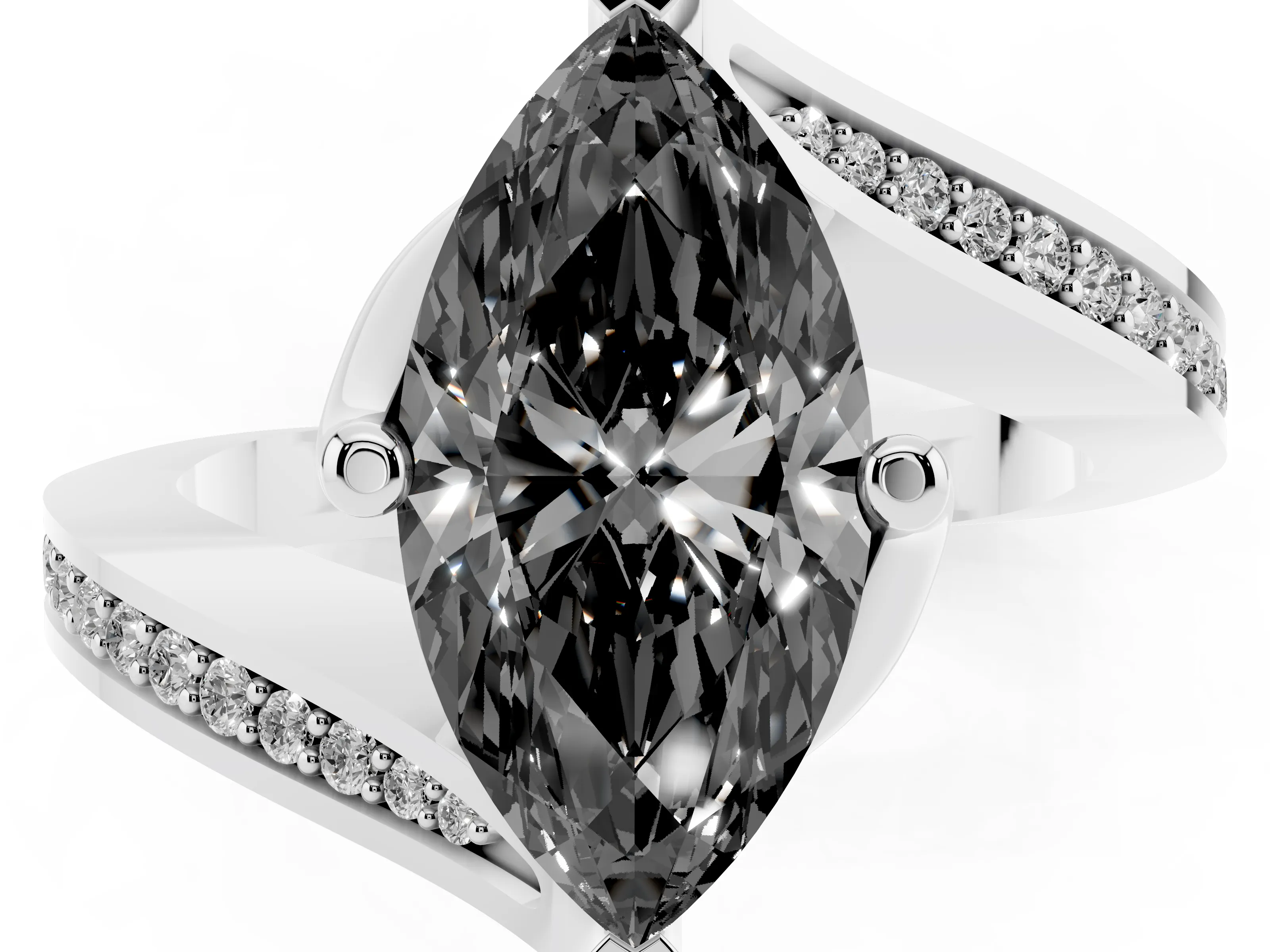 Fancy Black Marquise Cut Diamond Solitaire Ring Set in Platinum with Intertwined Pavé Twist Band