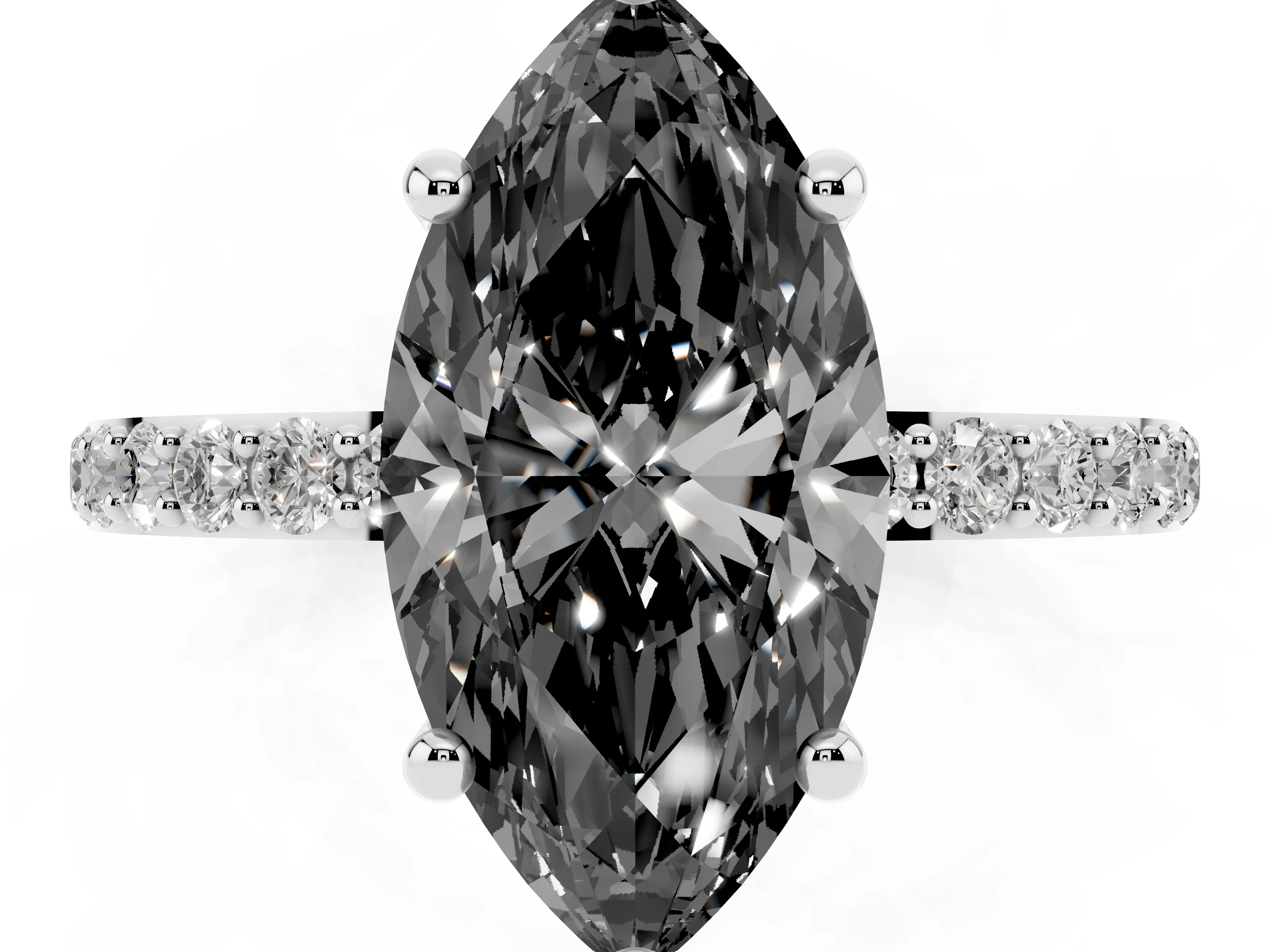 Fancy Black Marquise Cut Diamond Solitaire Ring Set in Silver with Round Pavé Band and Prong Setting