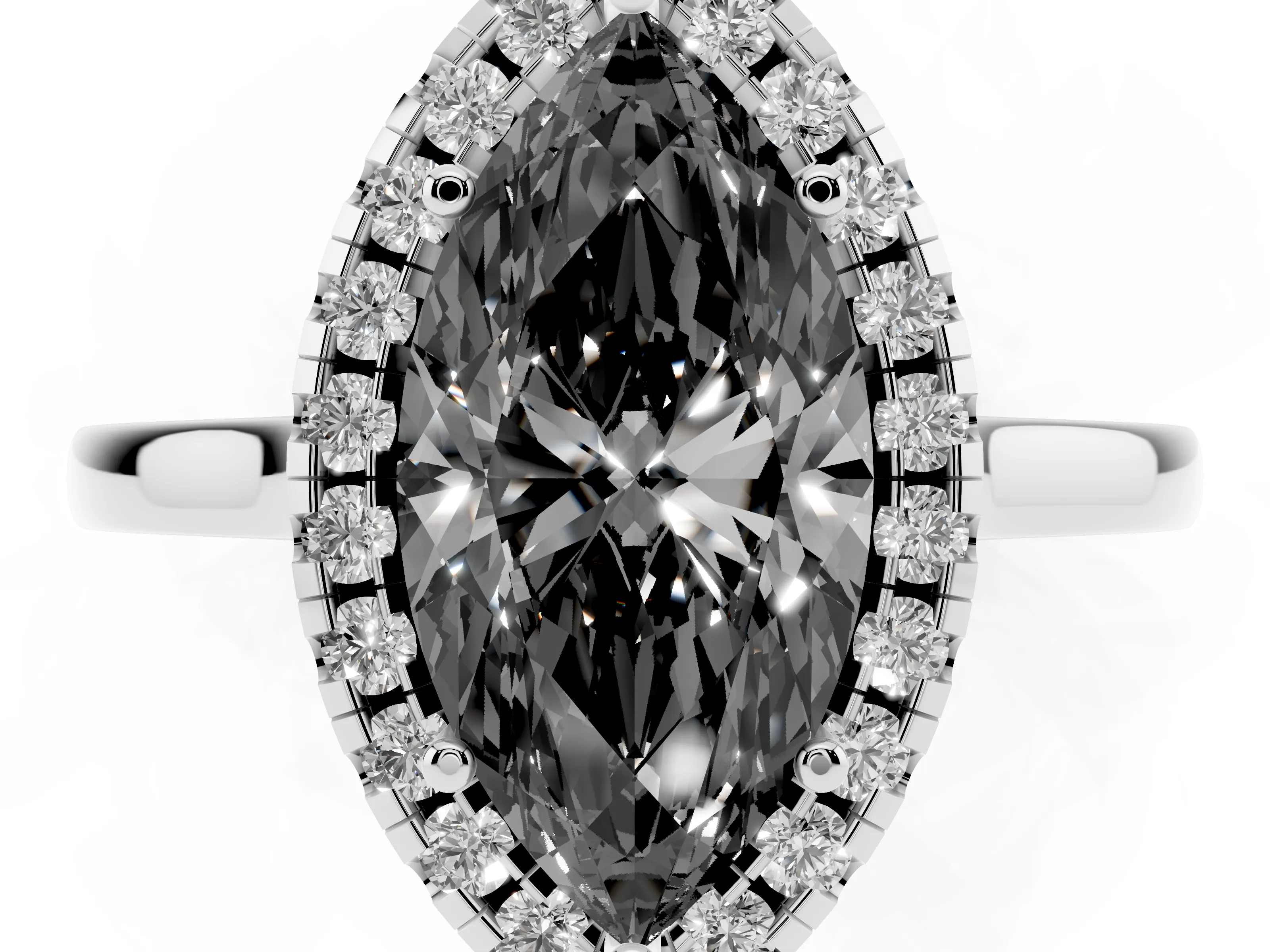 Fancy Black Marquise Cut Halo Round Diamond Solitaire Ring Set in Platinum with Pavé Band and Prong Setting