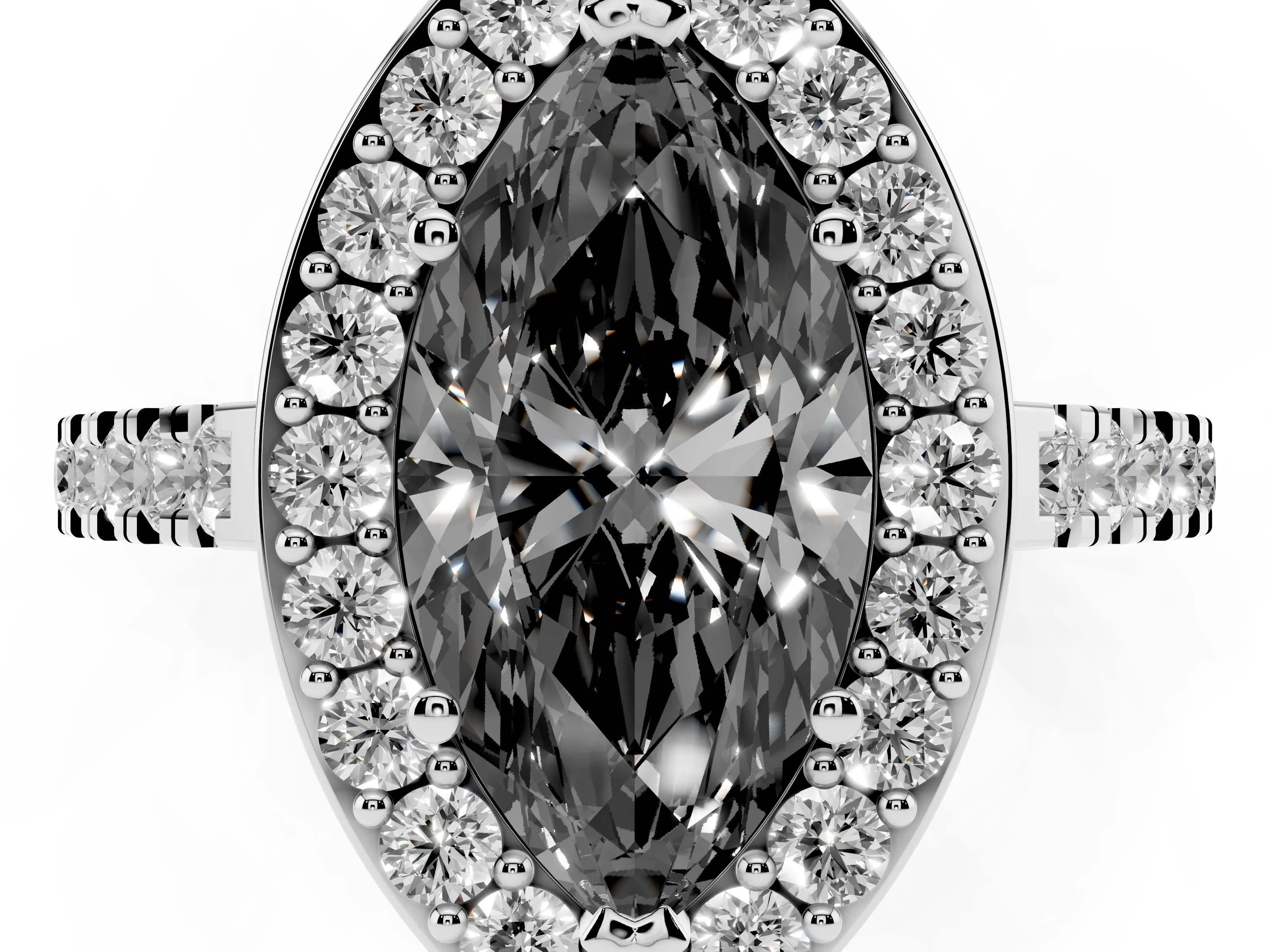 Fancy Black Marquise Cut Diamond Halo Ring Set in White gold with Round Pavé Split Shank and Prong Setting
