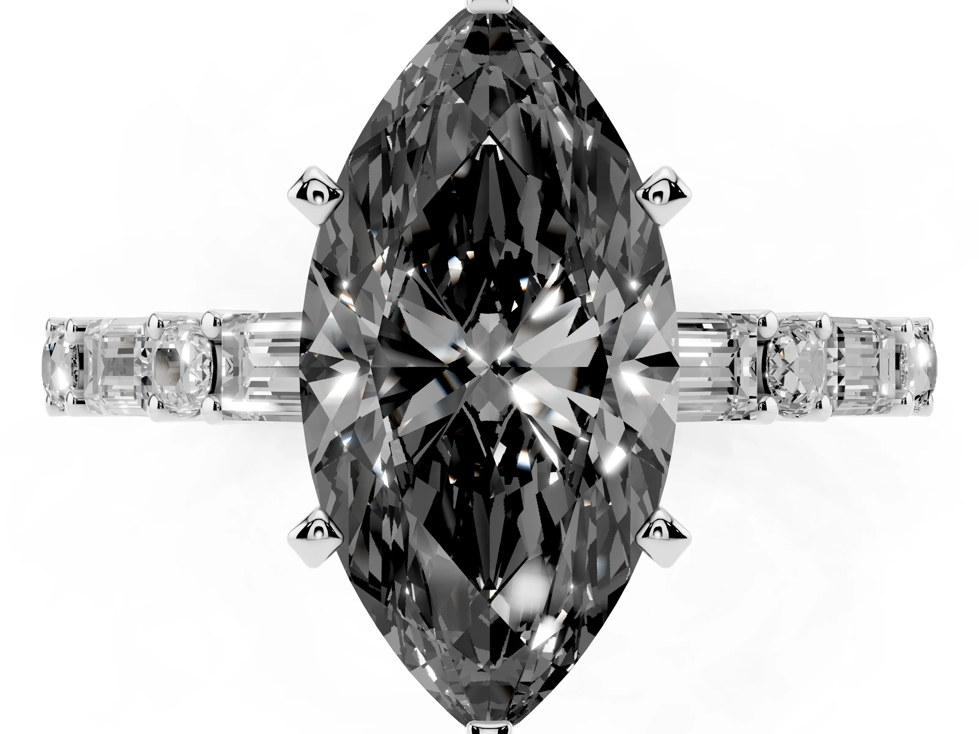 Fancy Black Marquise Cut Diamond Solitaire Set in Platinum with Side Baguettes and Channel Set Band