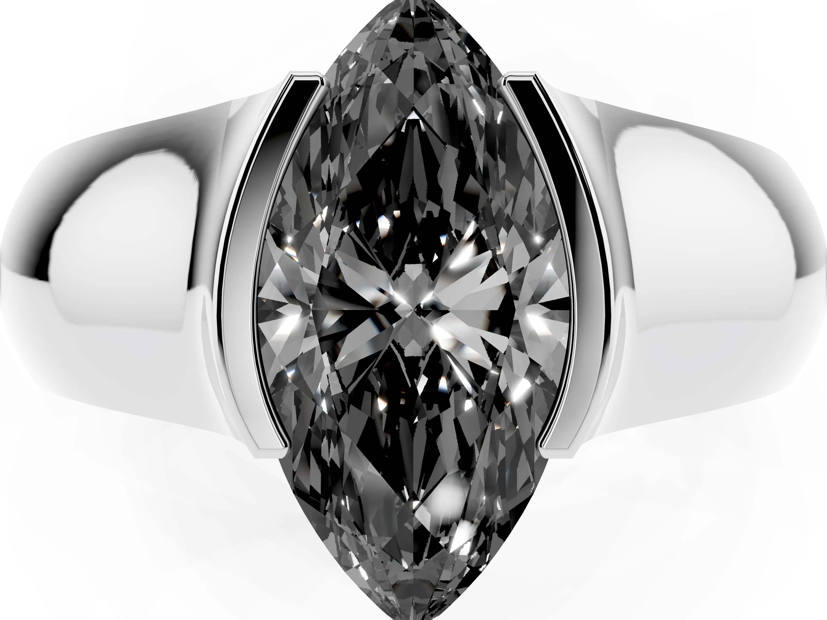 Fancy Black Marquise Cut Diamond Bezel Solitaire Ring Set in White gold with Wide Band