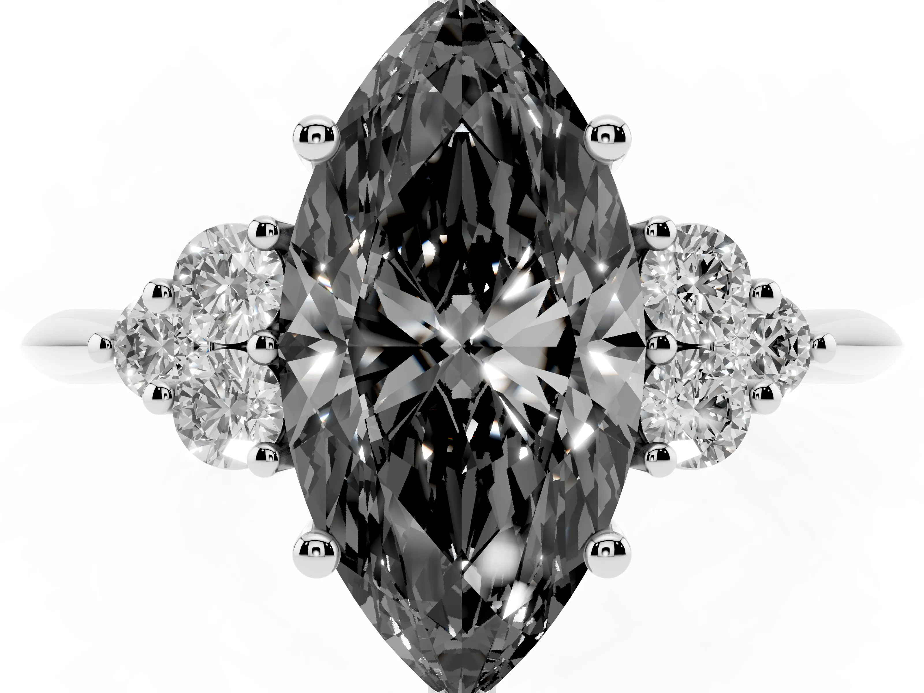 Fancy Black Marquise Cut Diamond Cluster Ring Set in Silver with Plain Band and Prong Setting