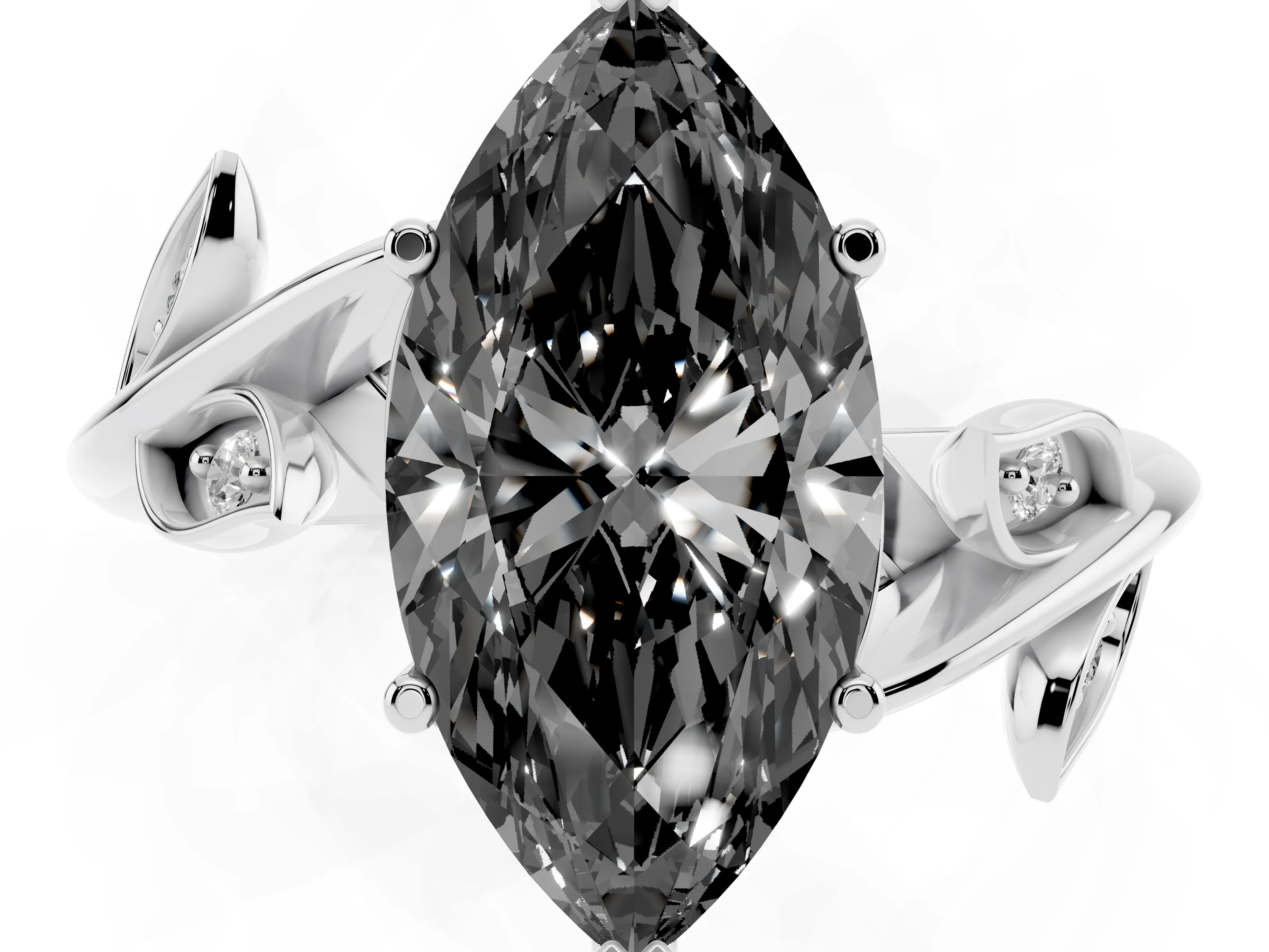 Fancy Black Marquise Cut Diamond Solitaire Twist Engagement Ring Set in White gold with Pavé Leaf Accents