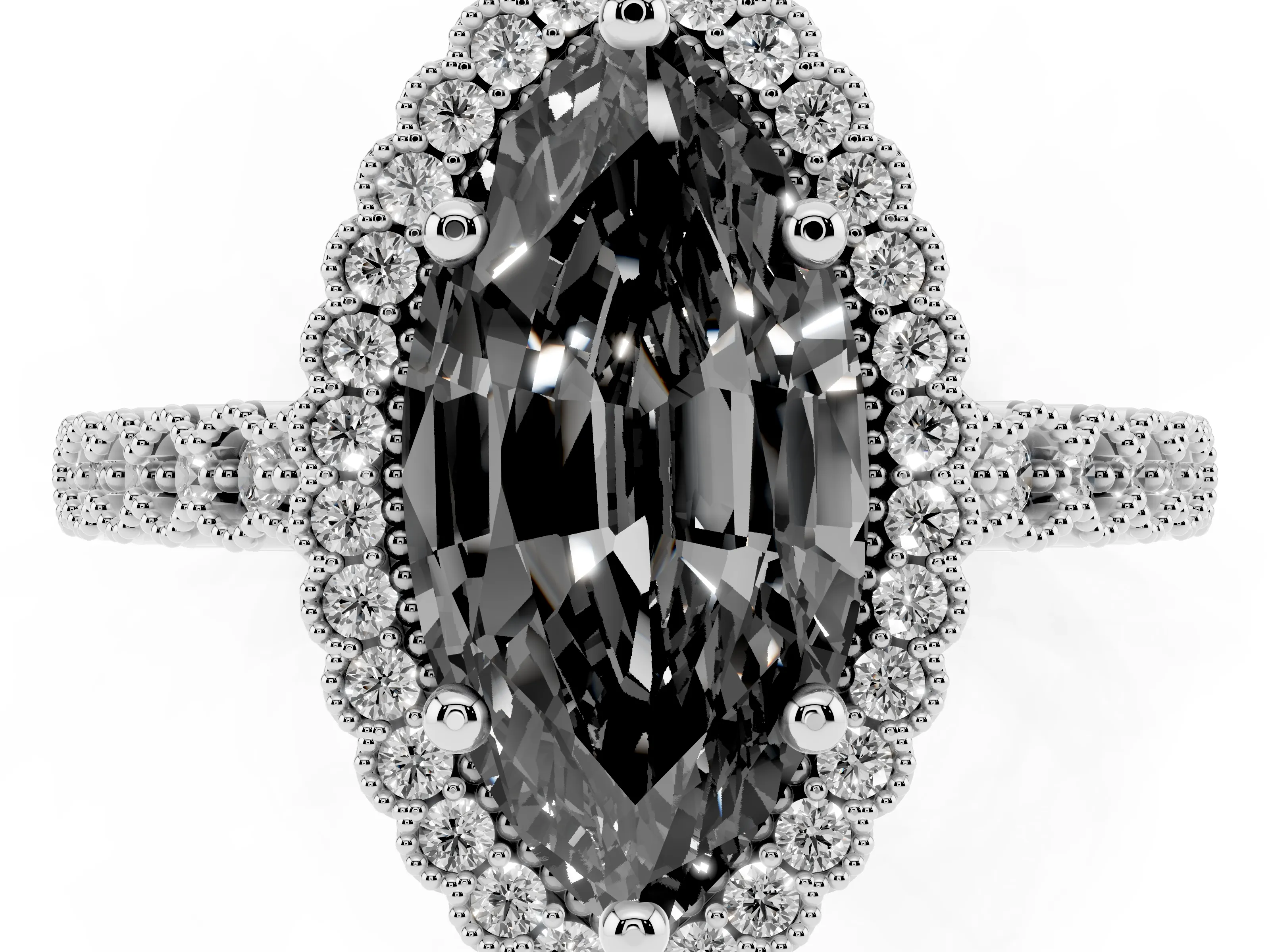 Fancy Black Marquise Cut Diamond Halo Ring Set in White gold with Pavé Milgrain Band