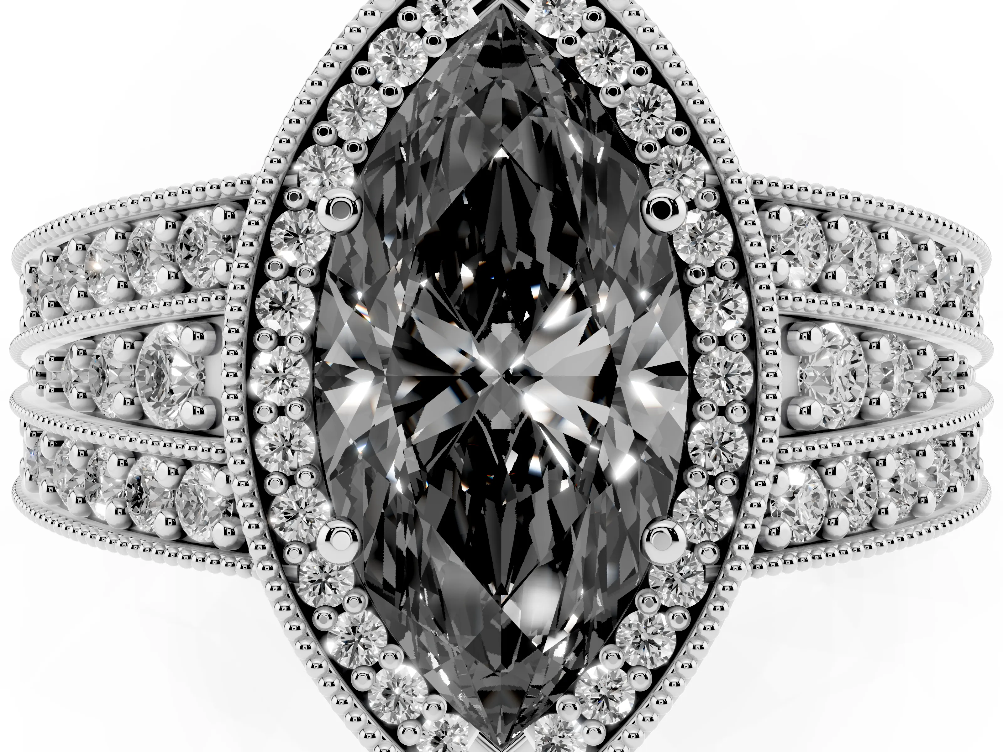 Fancy Black Marquise Cut Diamond Halo Ring Set in Platinum with Accent Split Shank and Prong Setting