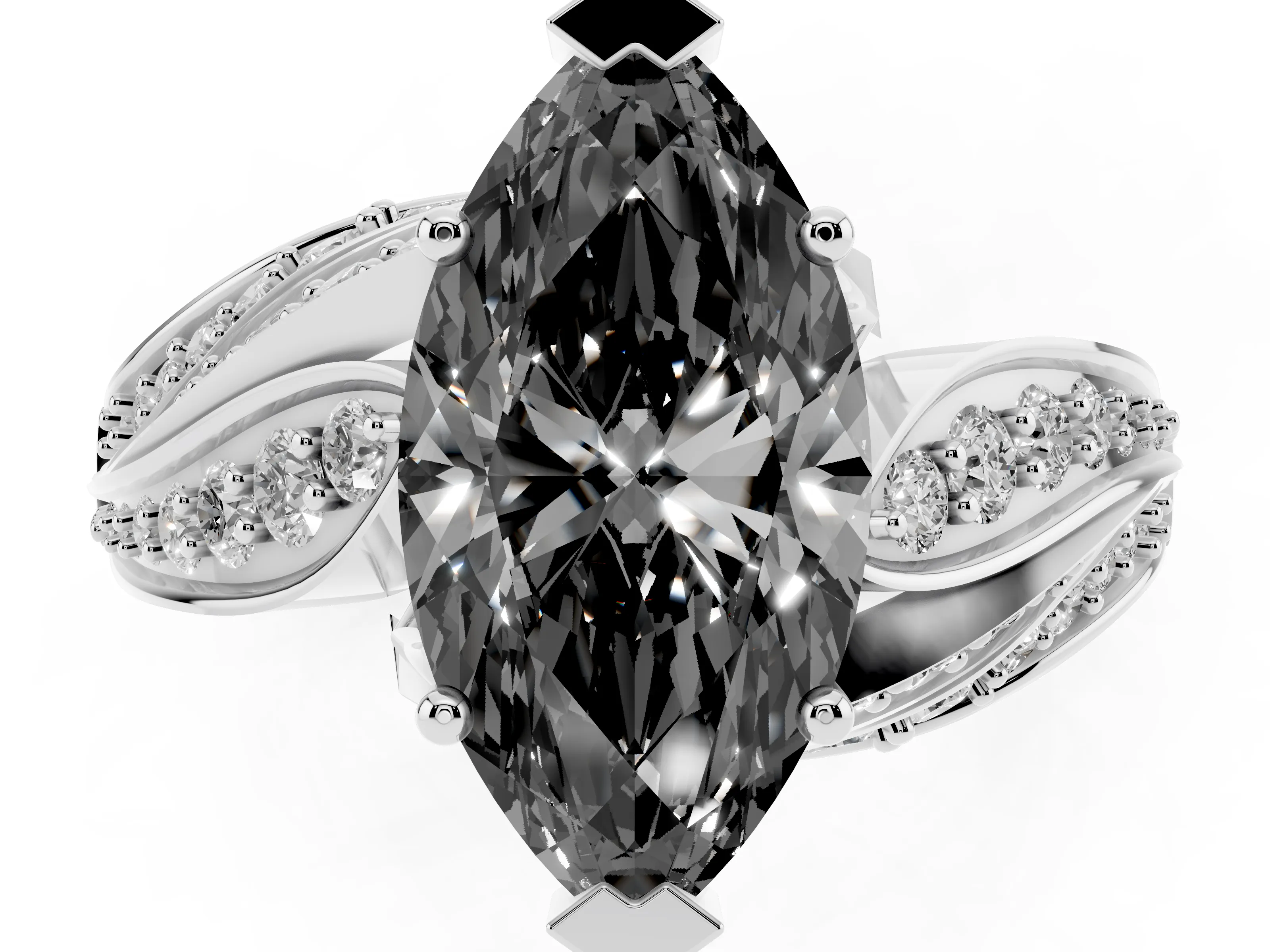 Fancy Black Marquise Cut Diamond Solitaire Ring Set in Platinum with Layered Twist Pavé Band