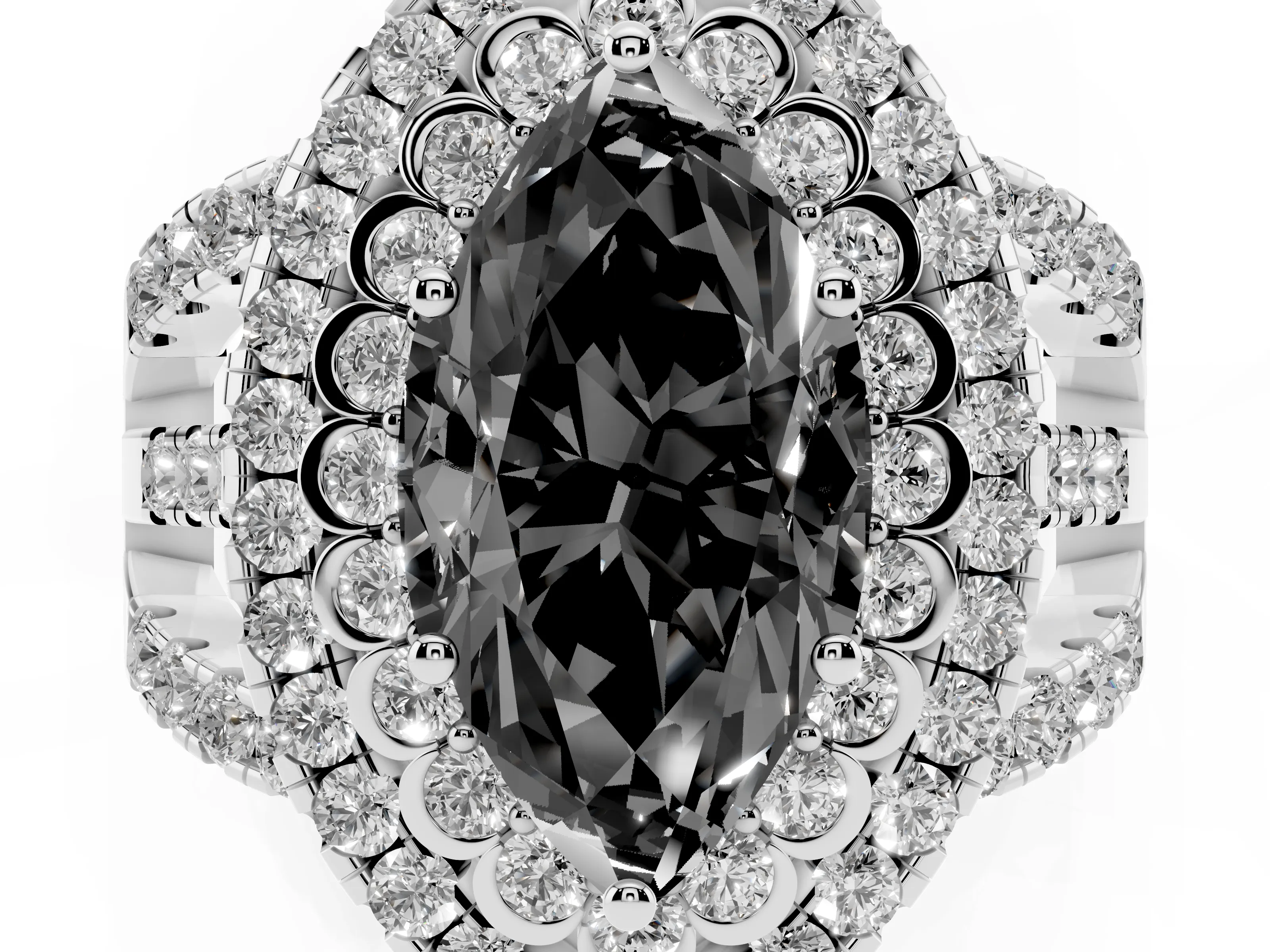 Fancy Black Marquise Cut Diamond Double Halo Ring Set in White gold with Round Pavé Split Shank
