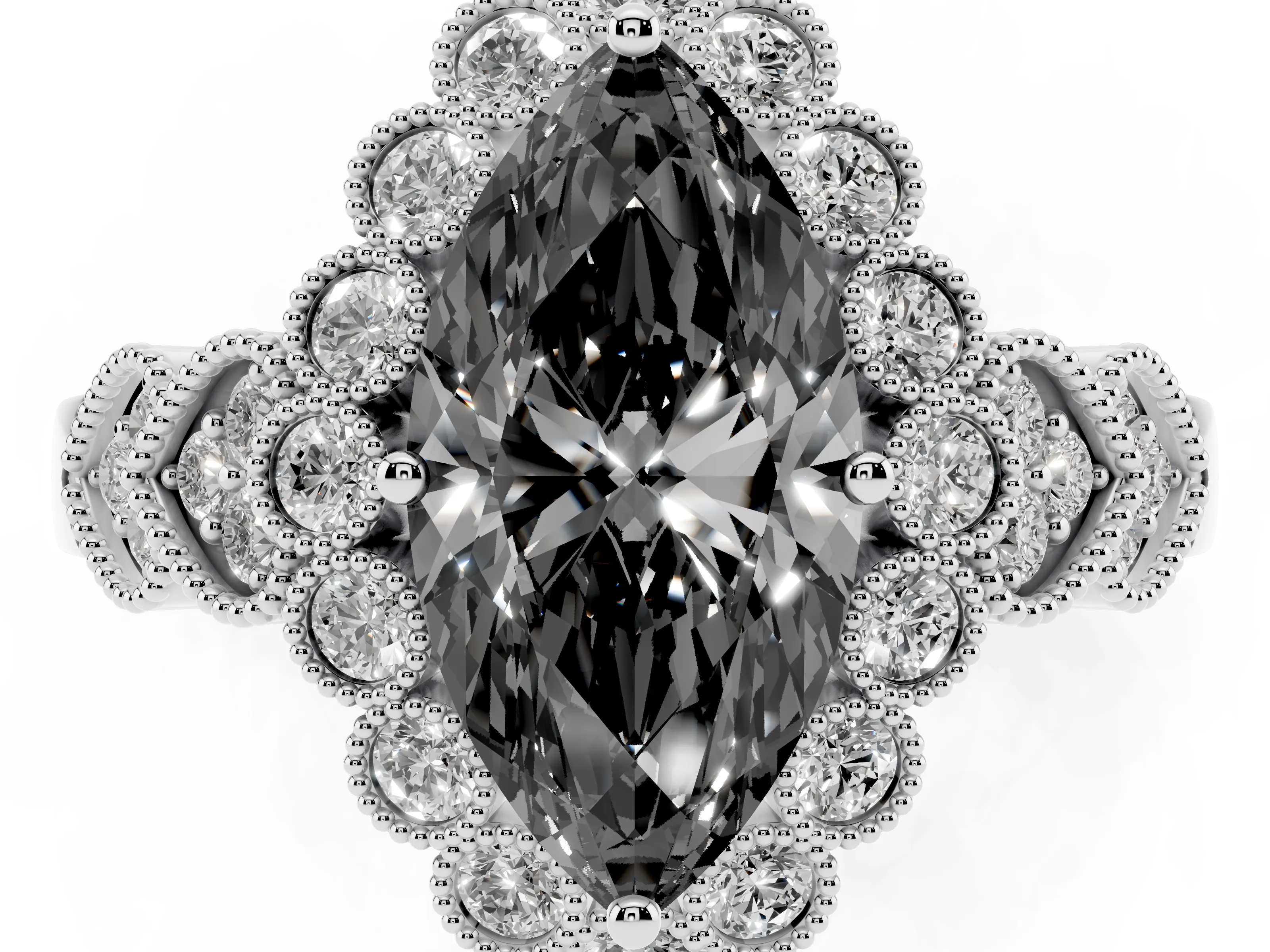 Fancy Black Marquise Cut Diamond Solitaire Ring Set in Platinum with Milgrain Pavé Heart Band