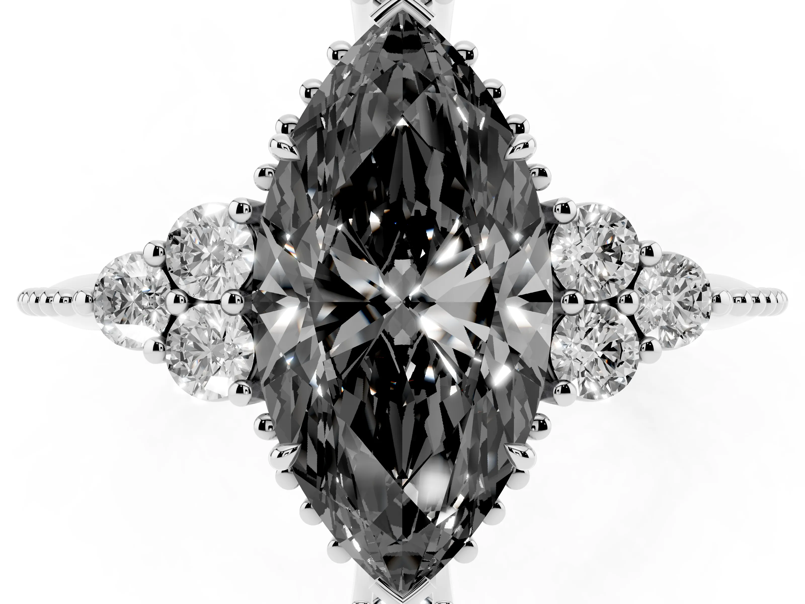 Fancy Black Marquise Cut Diamond Cluster Ring Set in White gold with Beaded Band