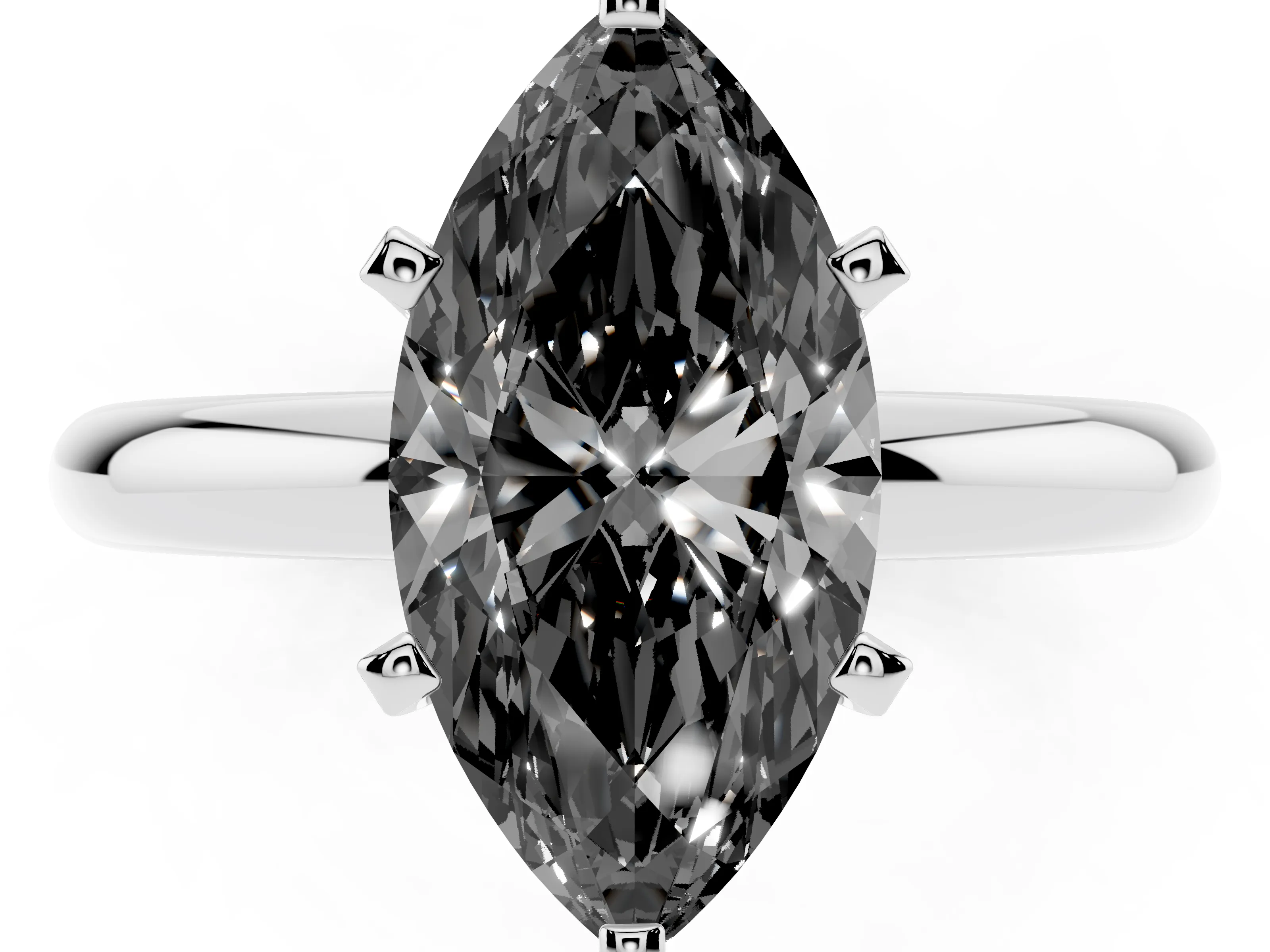 Fancy Black Marquise Cut Diamond Solitaire Engagement Ring Set in Platinum with Round Band and Prong Setting