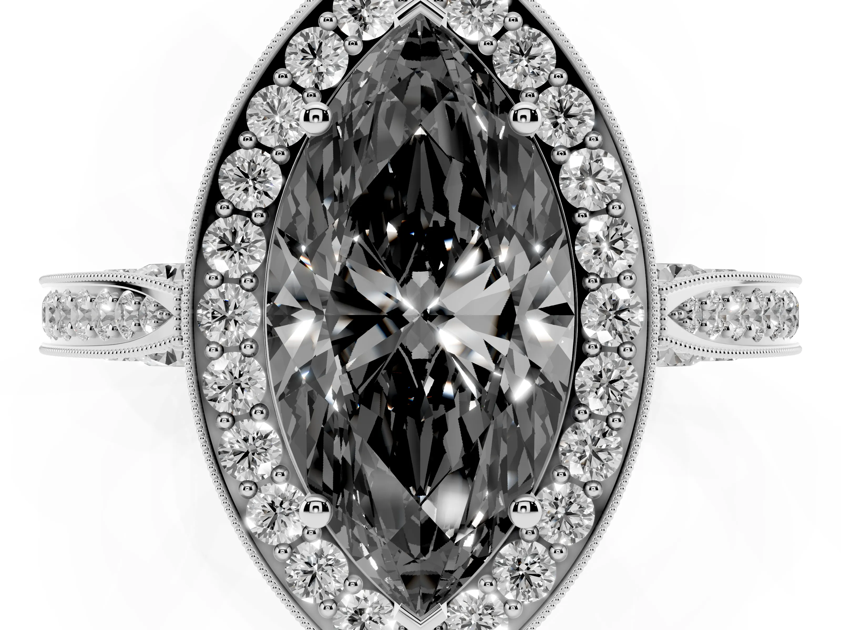 Fancy Black Marquise Cut Diamond Halo Engagement Ring Set in Silver with Accent Split Shank Band