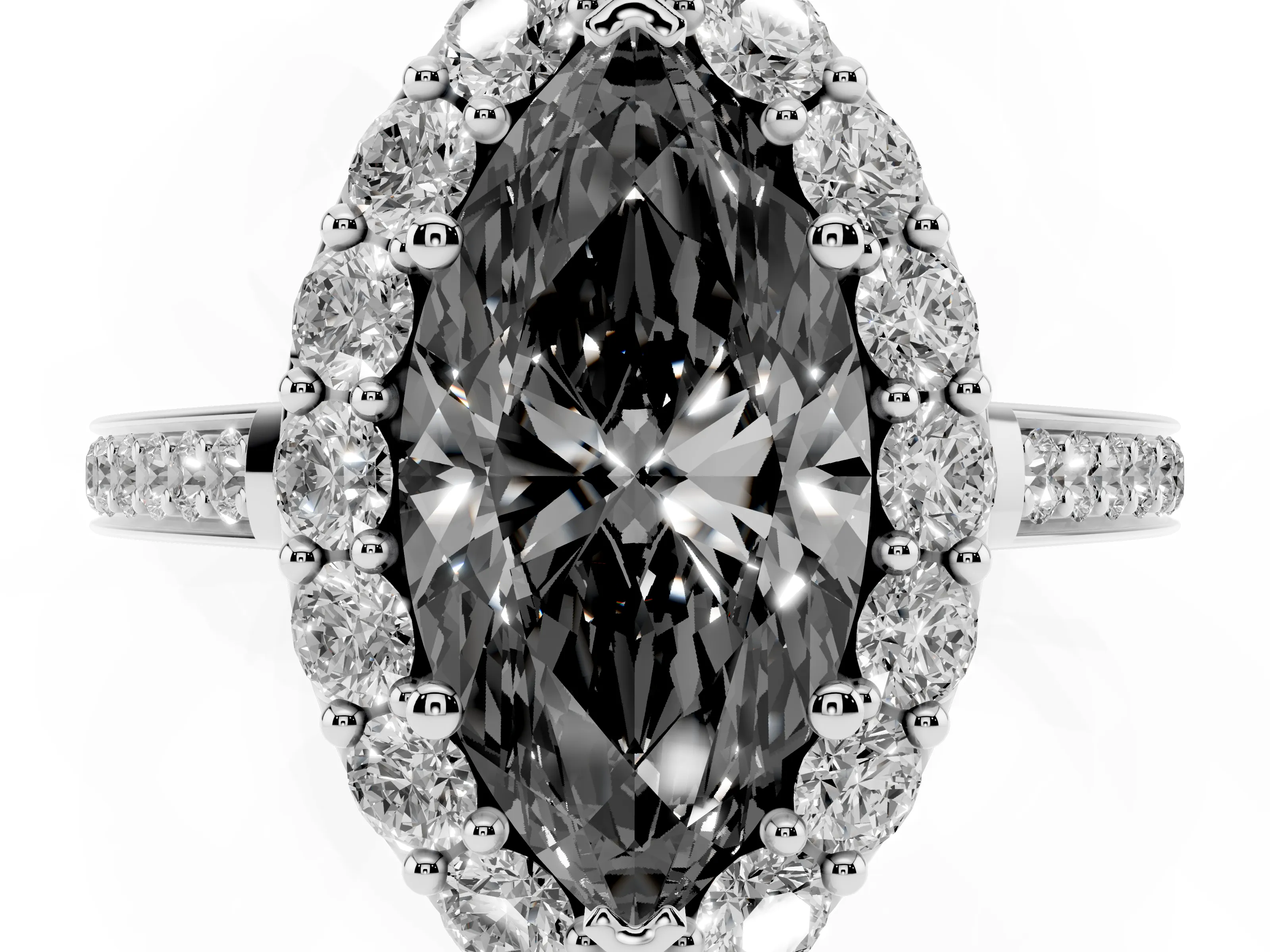 Fancy Black Marquise Cut Diamond Floral Halo Ring Set in Silver with Pavé Band and Prong Setting