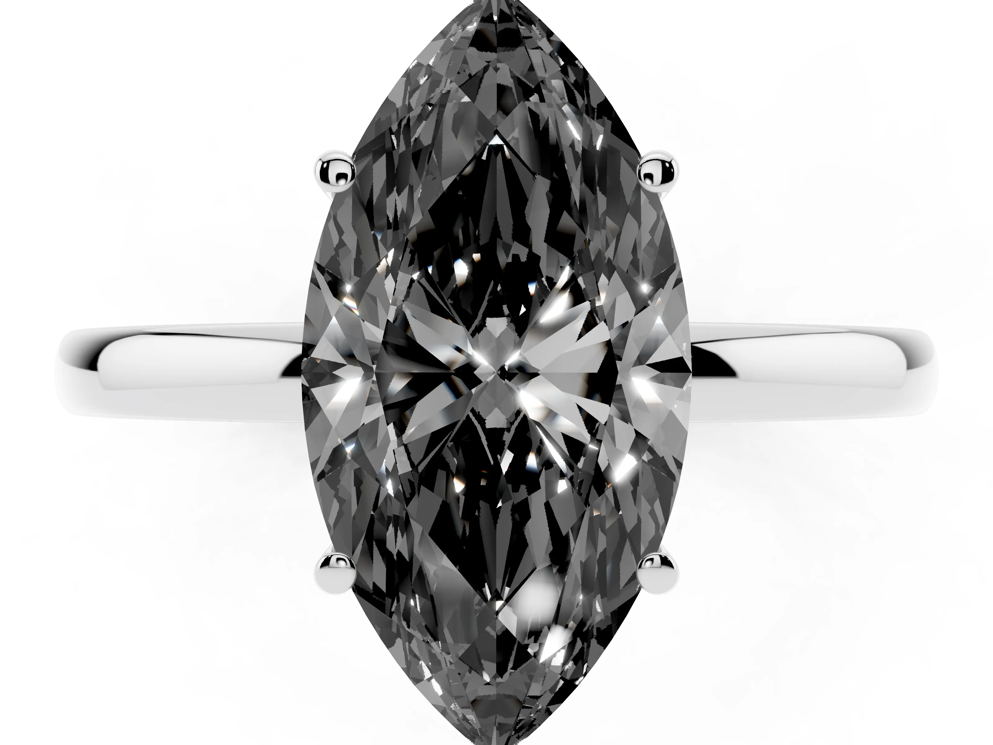 Fancy Black Marquise Cut Diamond Solitaire Ring Set in White gold with Plain Band and Prong Setting