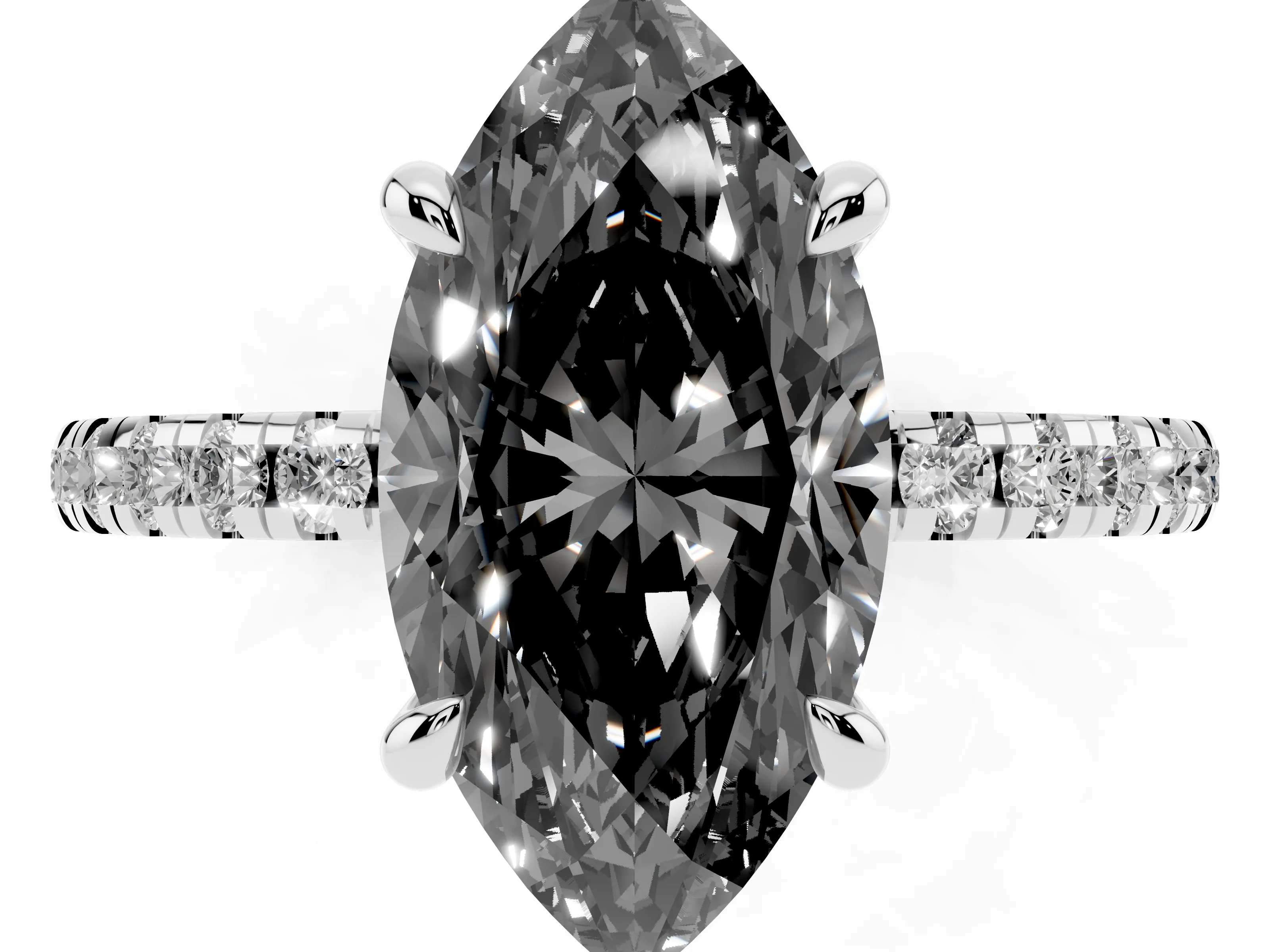 Fancy Black Marquise Cut Diamond Brilliant Solitaire Ring Set in White gold with Pavé Band and Prong Setting
