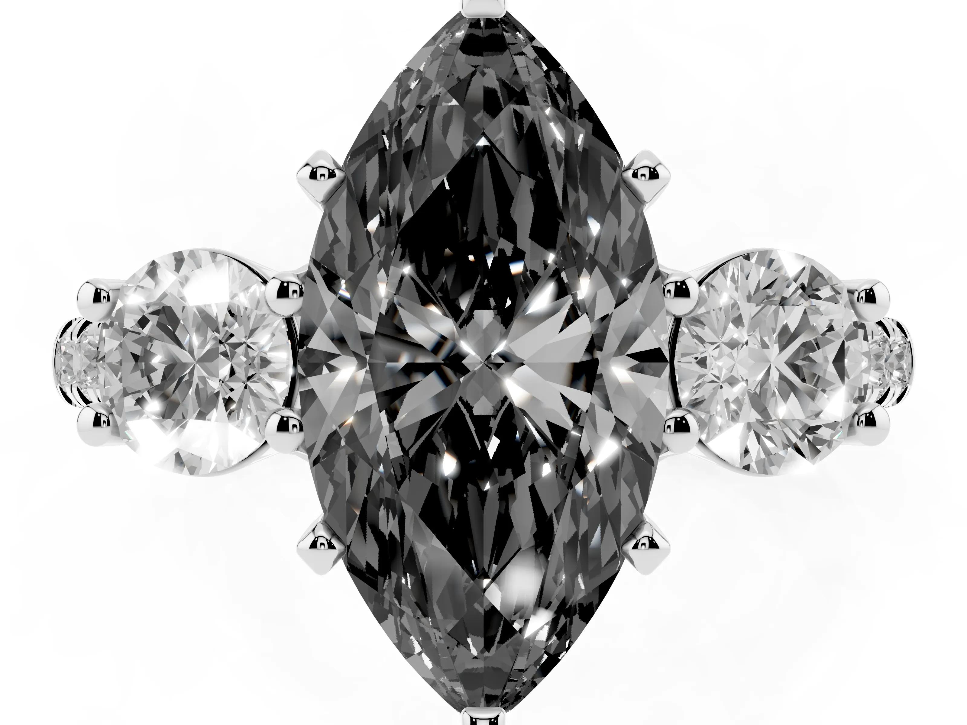 Fancy Black Three-Stone Marquise Cut Diamond Pavé Band Ring Set in Platinum with Prong-Set Trio