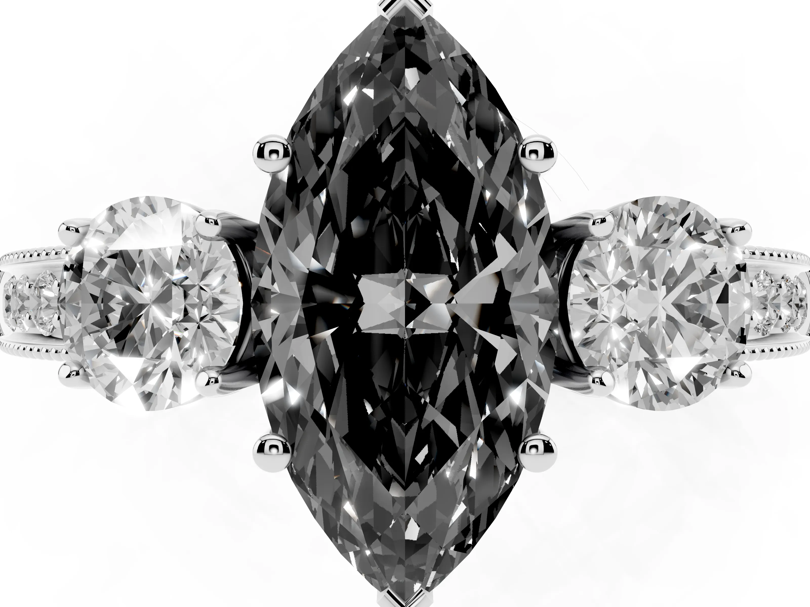 Fancy Black Marquise Cut Diamond Three-Stone Ring Set in Platinum with Round Side Stones and Pavé Band