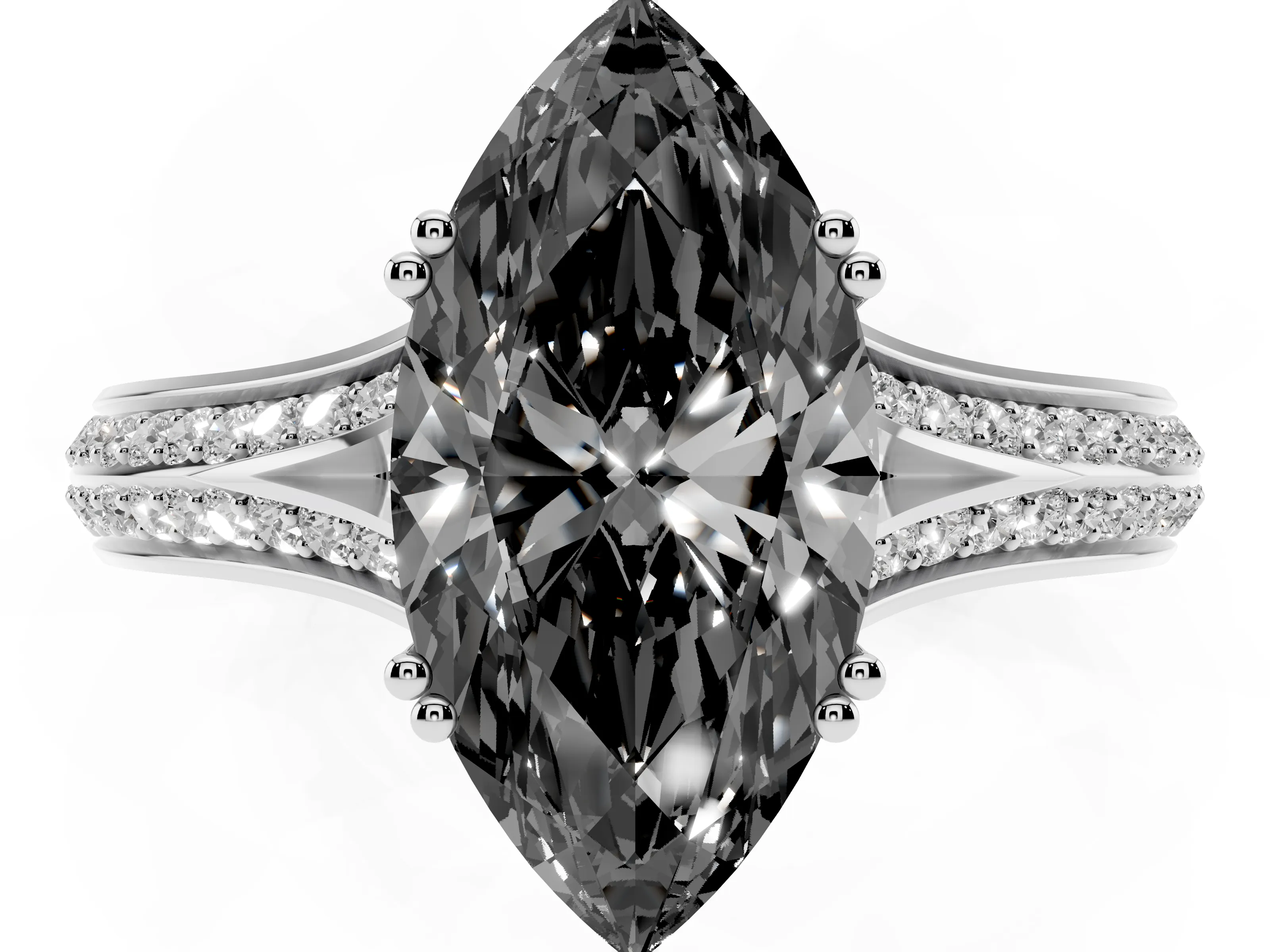 Fancy Black Marquise Cut Diamond Split Shank Pavé Engagement Ring Set in White gold with Prong-Set Center Stone