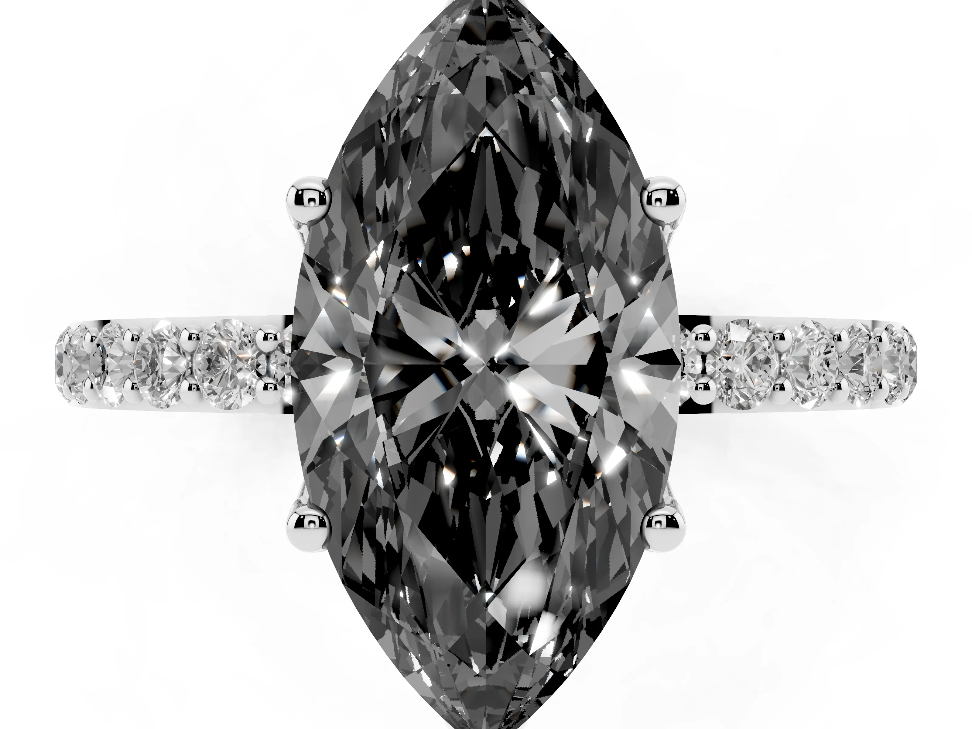 Fancy Black Marquise Cut Diamond Solitaire Engagement Ring Set in Silver with Round Pavé Band and Prong Setting