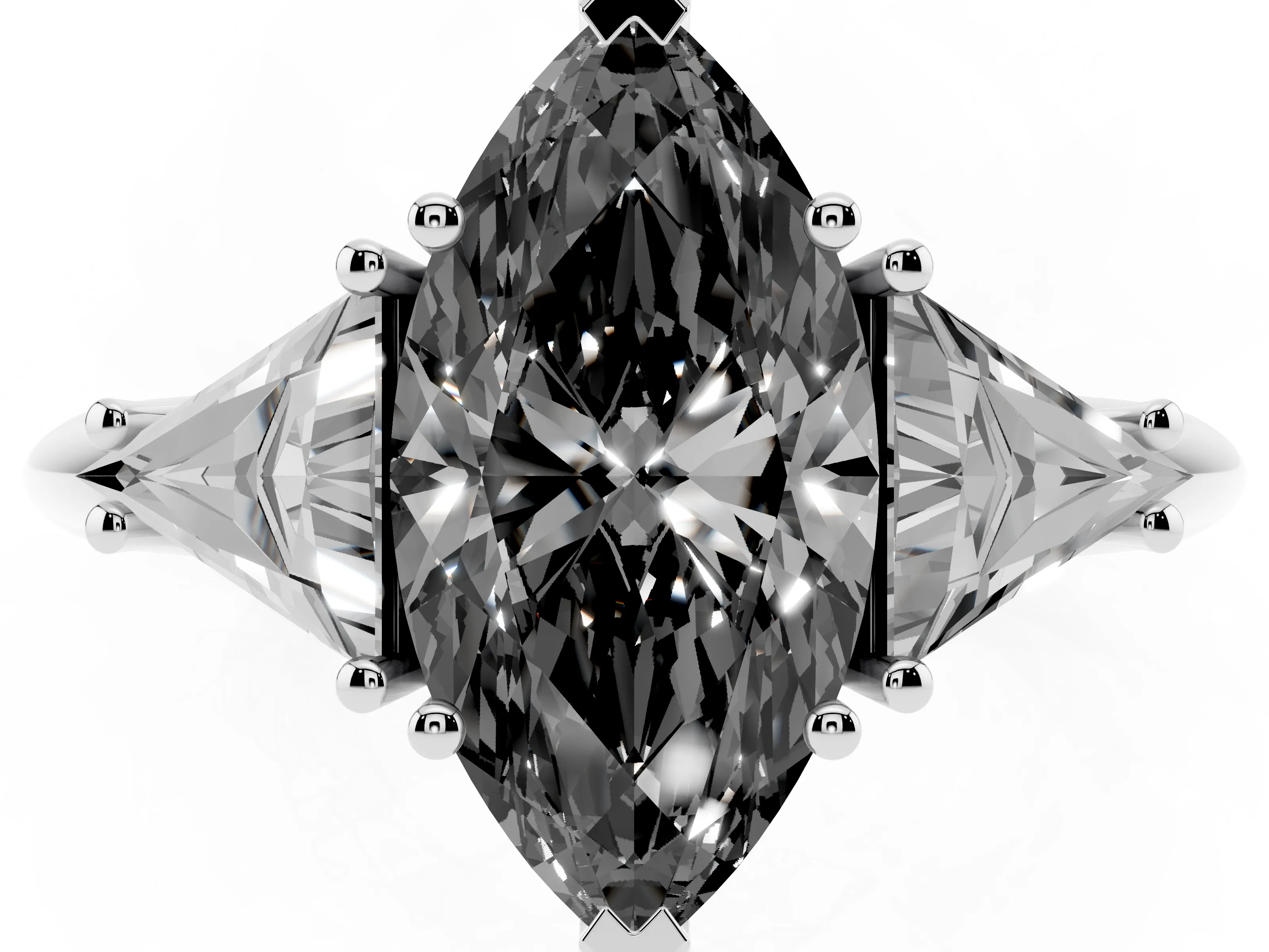 Fancy Black Marquise Cut Diamond Three-Stone Engagement Ring Set in Silver with Trillion Side Stones