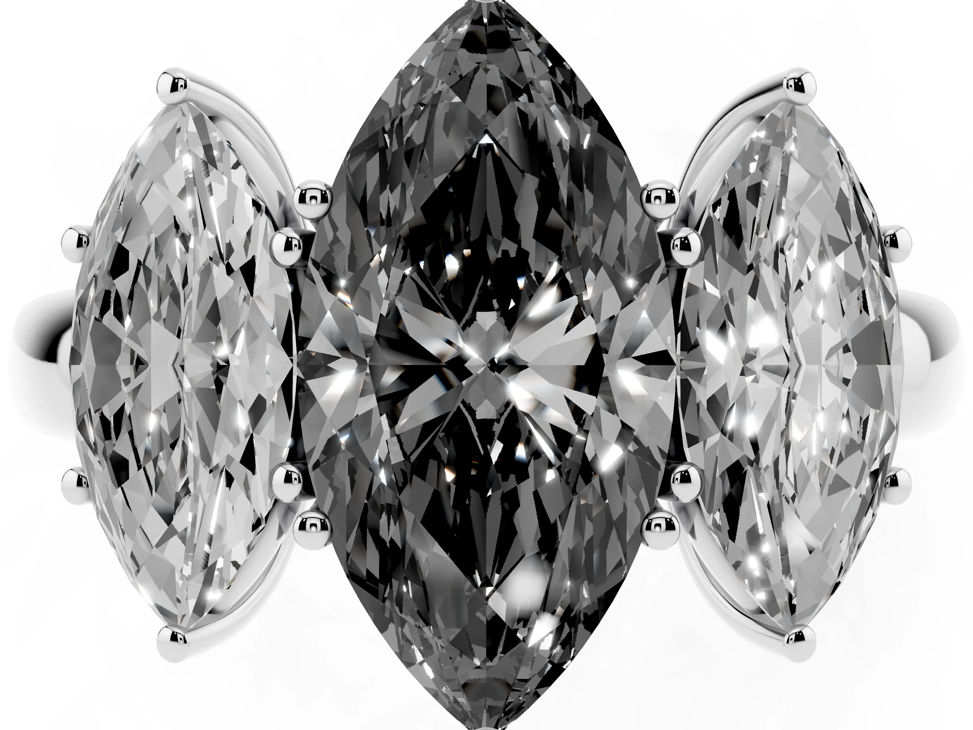 Fancy Black Marquise Cut Diamond Three-Stone Ring Set in White gold with Bold Center and Classic Band