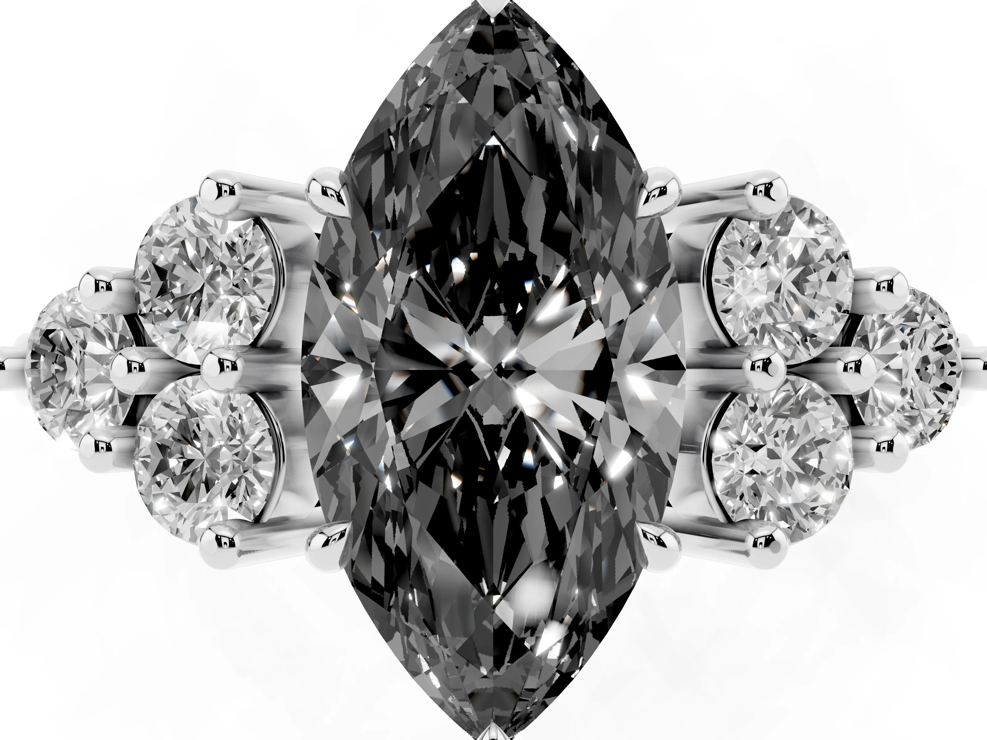 Fancy Black Marquise Cut Diamond Solitaire Ring Set in White gold with Cluster Accents on Each Side